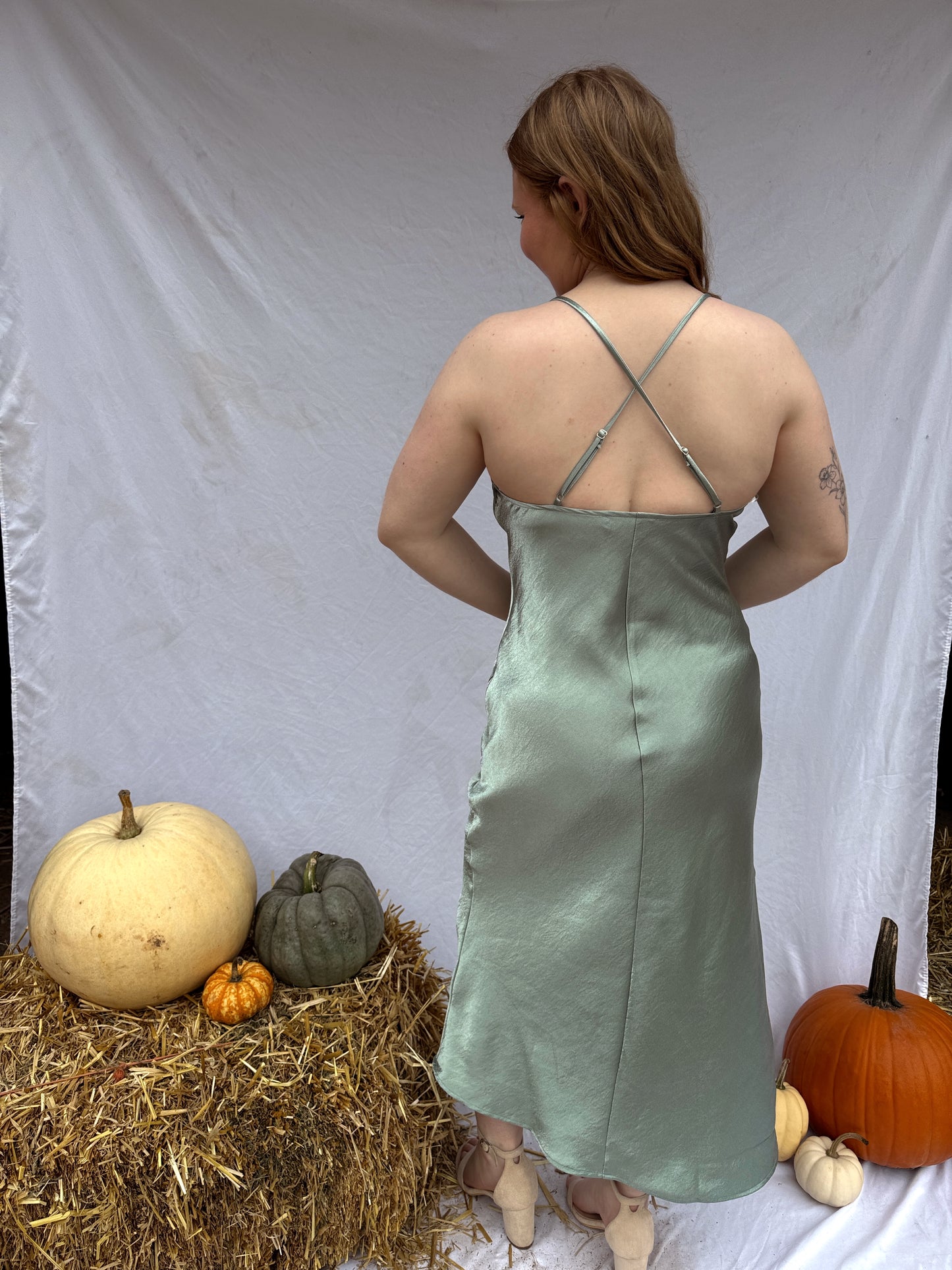 Be The Guest Satin Dress - Sage