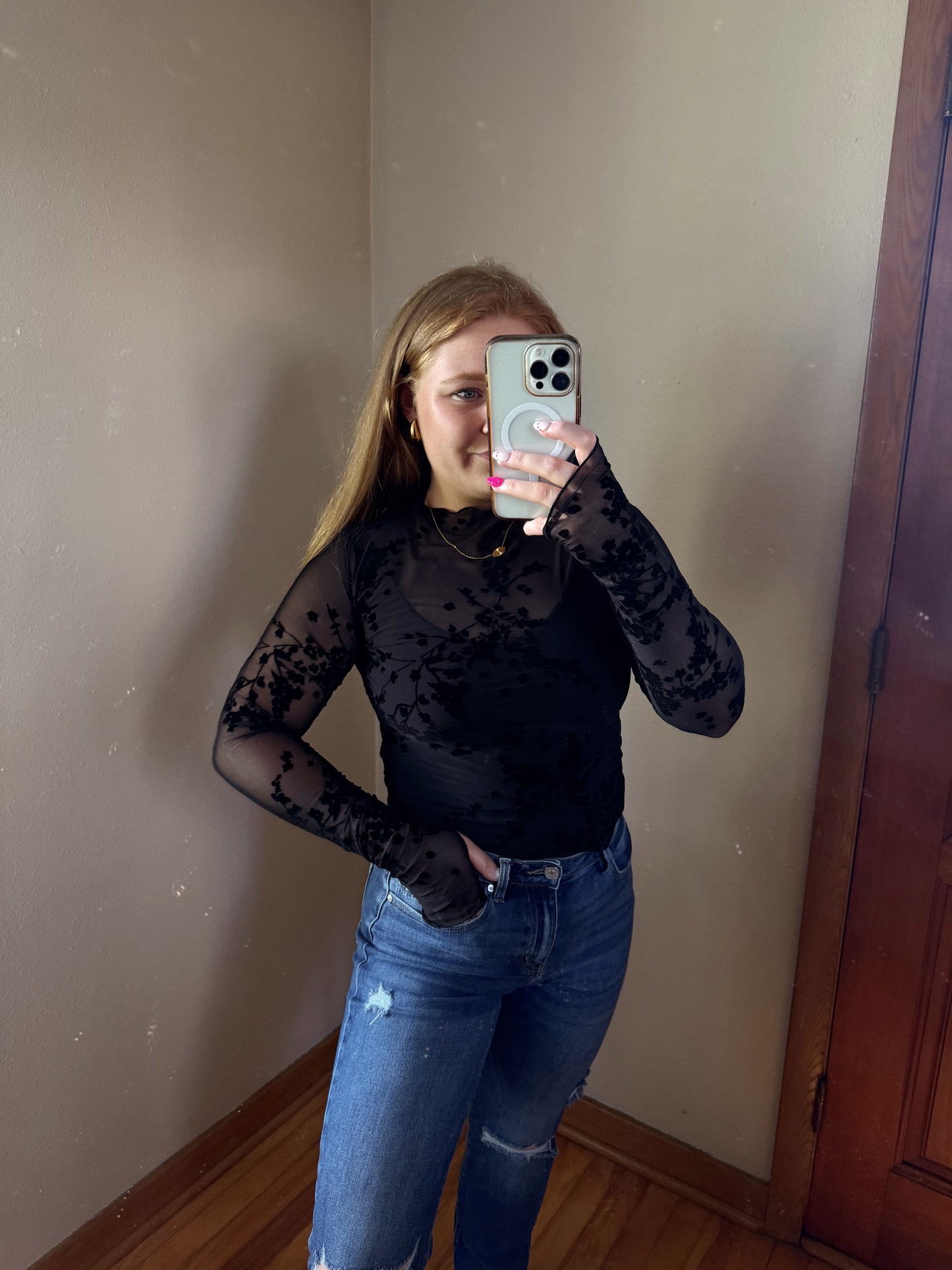 Black Floral Mesh Top