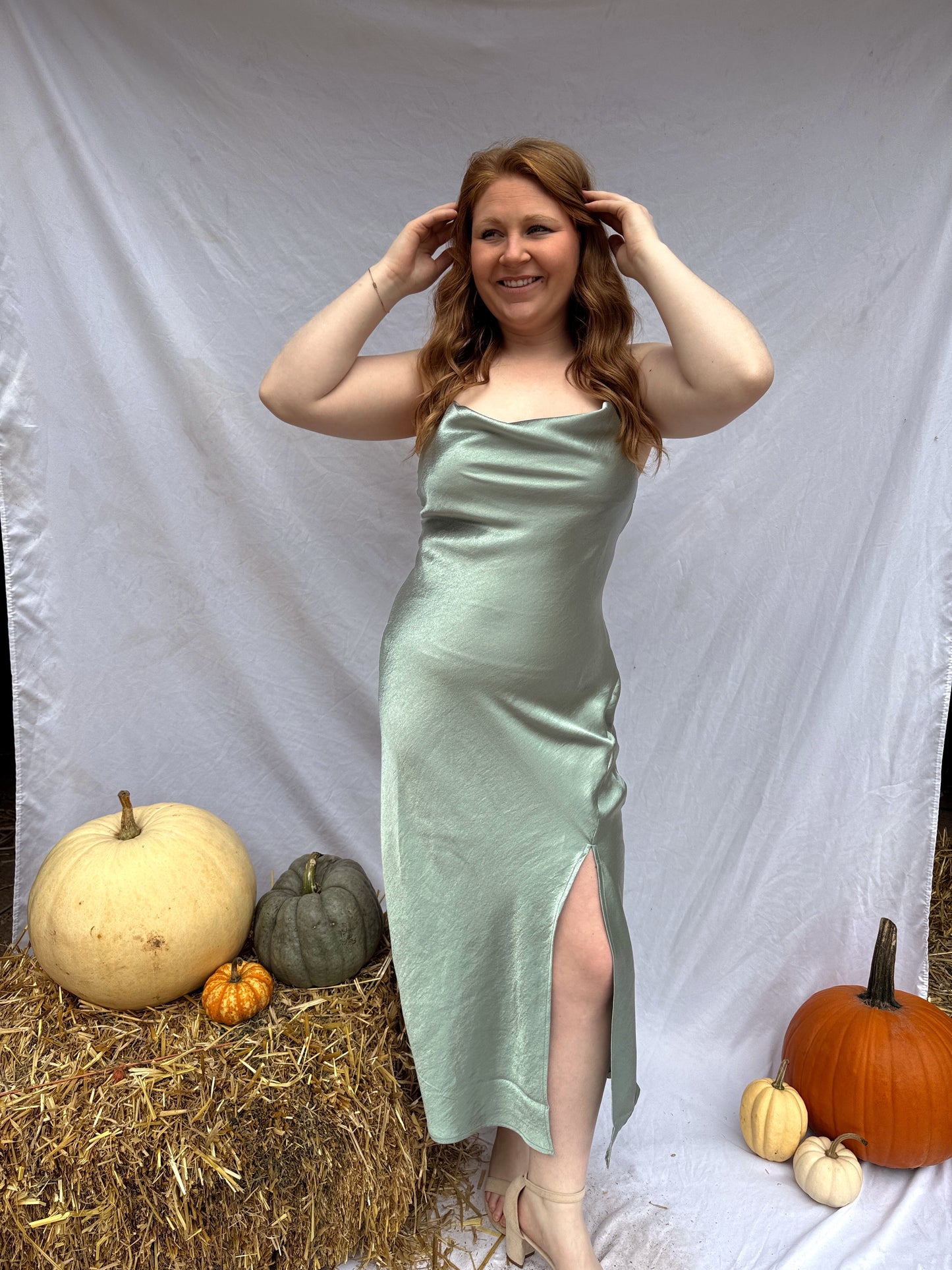Be The Guest Satin Dress - Sage