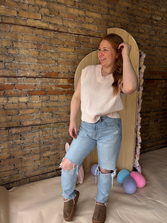 Pink Petal V-Neck Washed Sweater