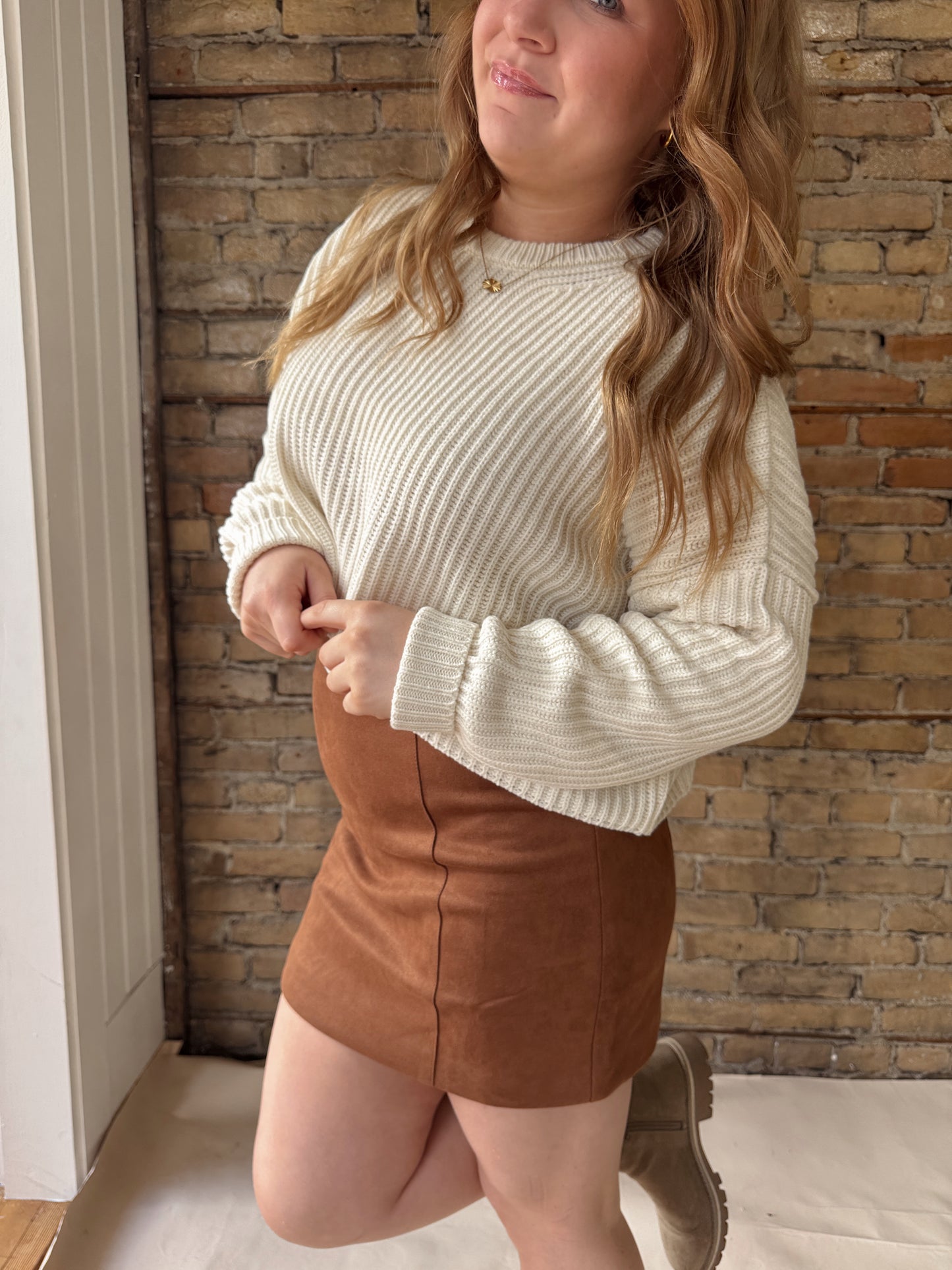 Cropped Knit Sweater - Cream