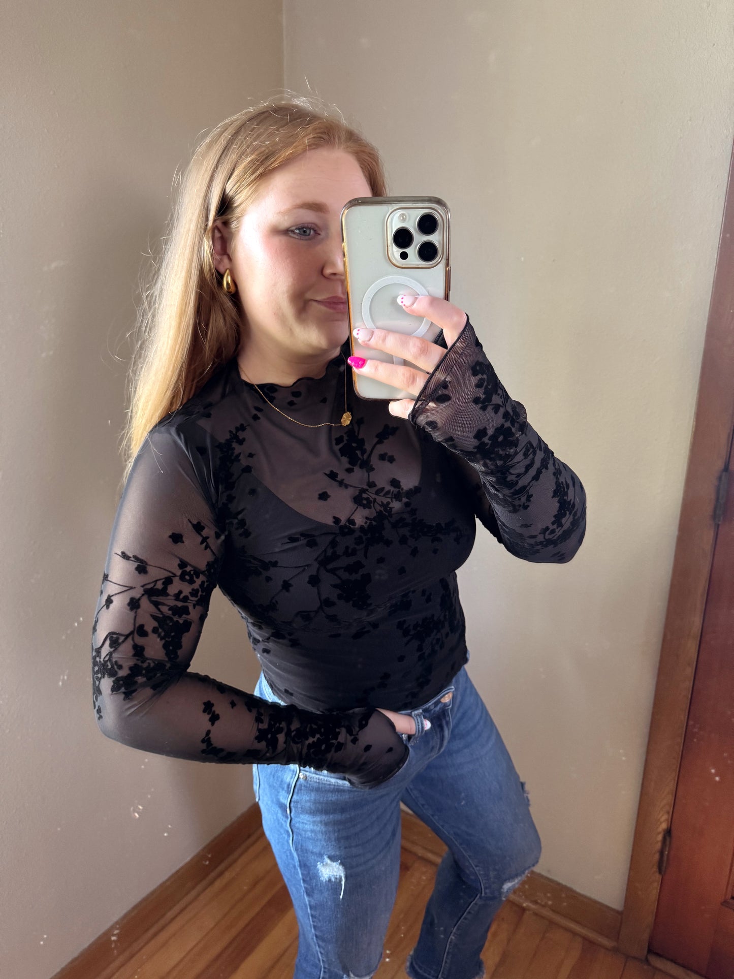 Black Floral Mesh Top