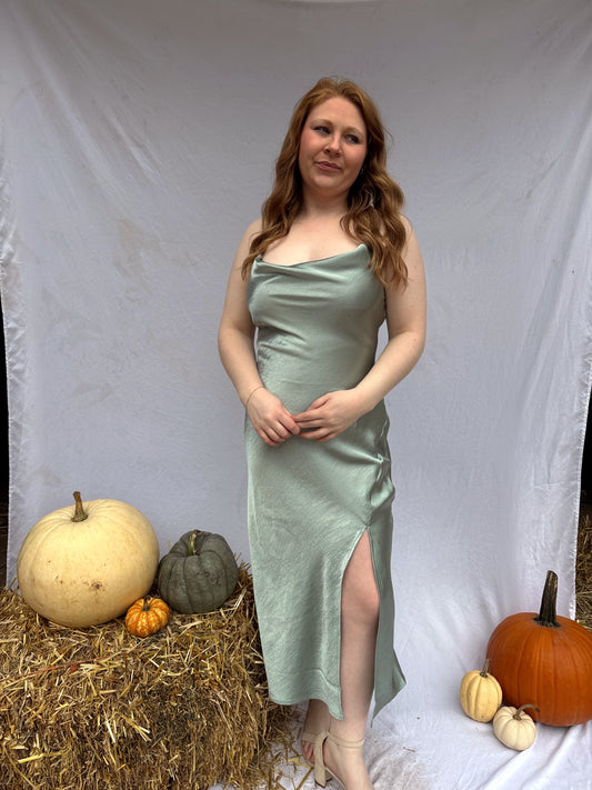 Be The Guest Satin Dress - Sage