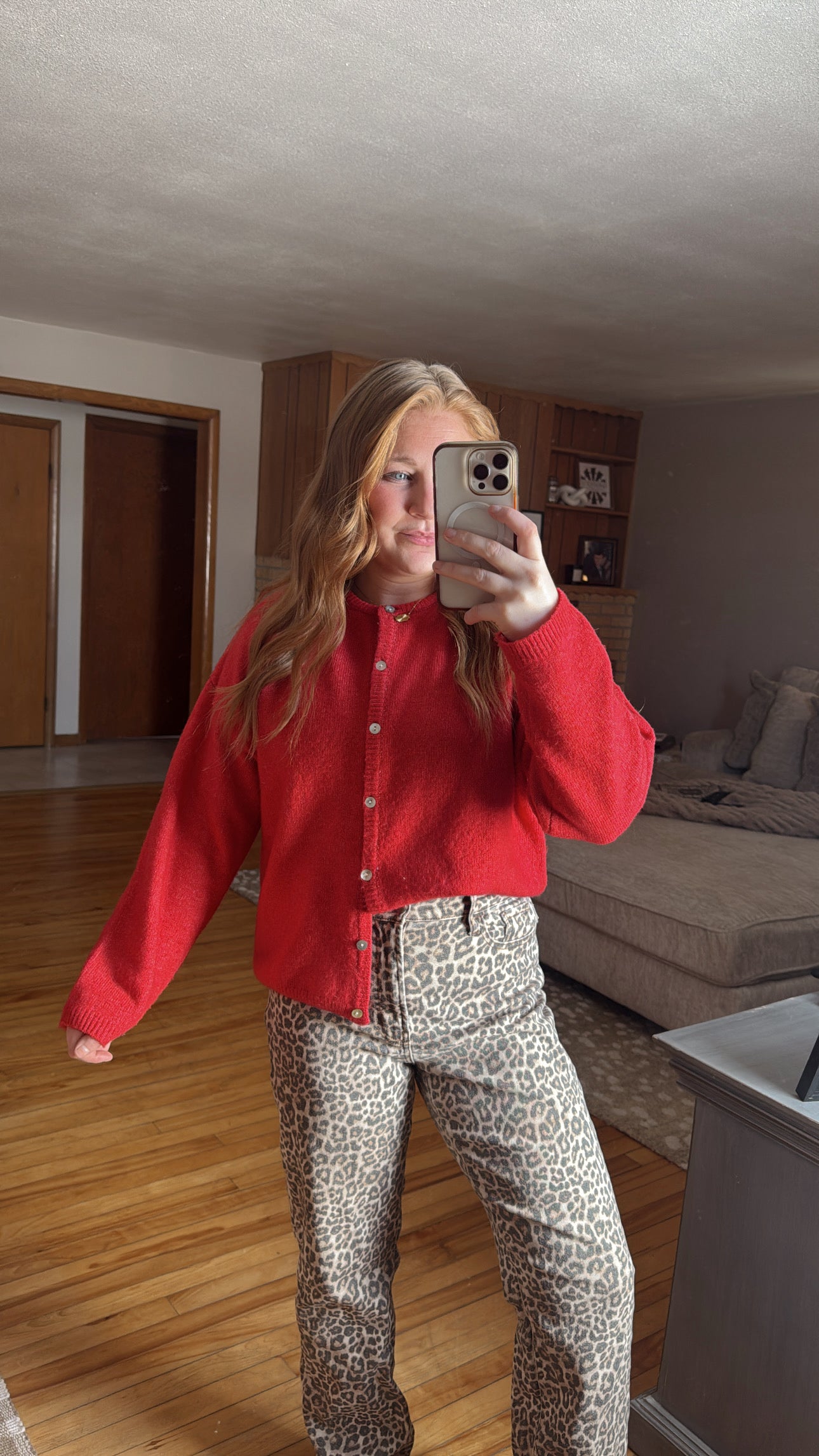 Crew Neck Sweater Cardigan - Red