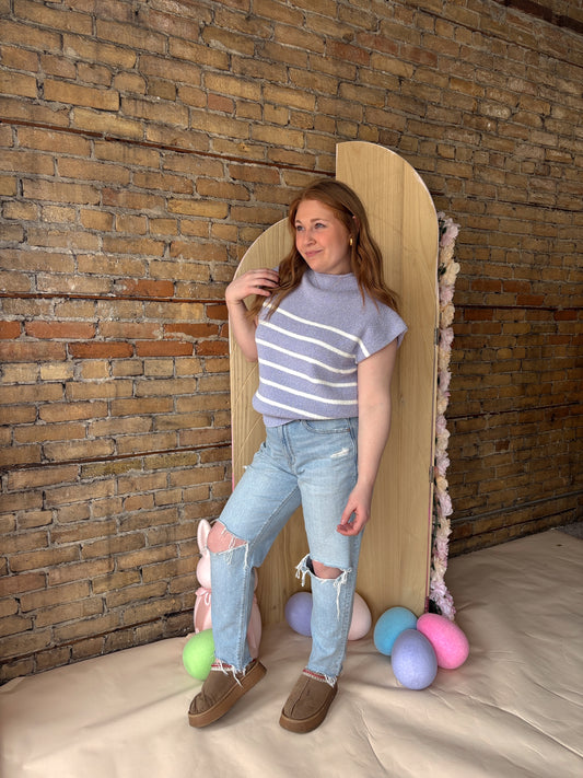 Pastel Striped Mock Neck Sweater - Lilac