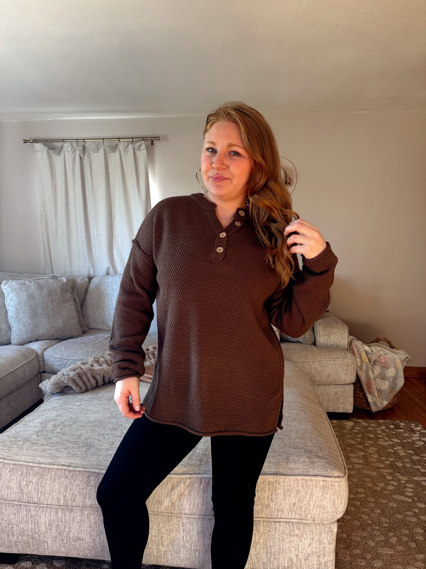 Henley Knit Sweater - Brown