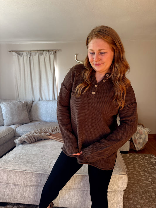 Henley Knit Sweater - Brown