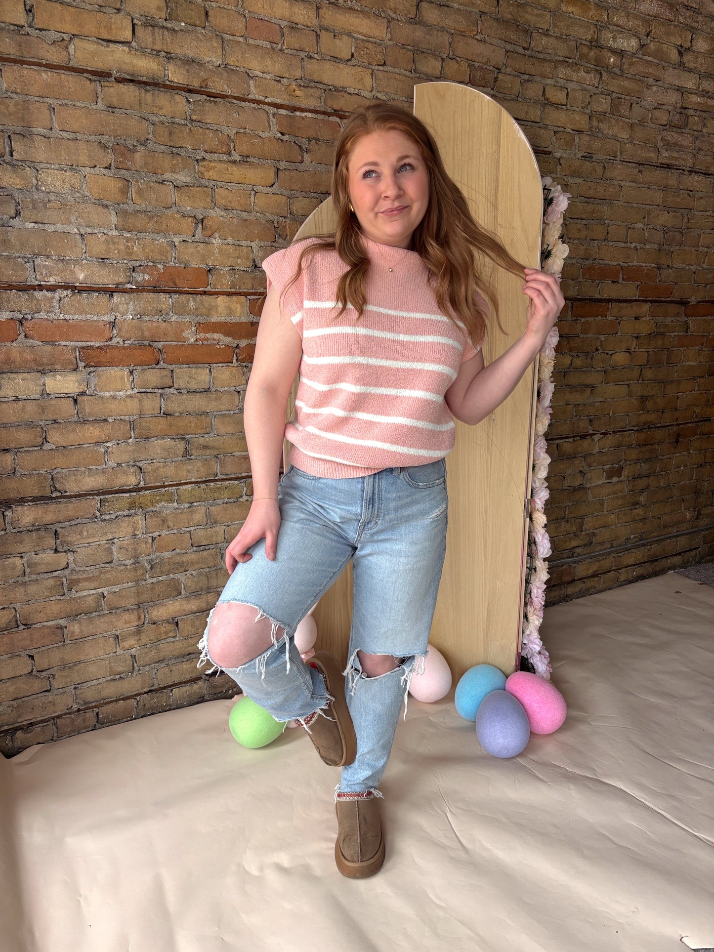 Pastel Striped Mock Neck Sweater - Rose