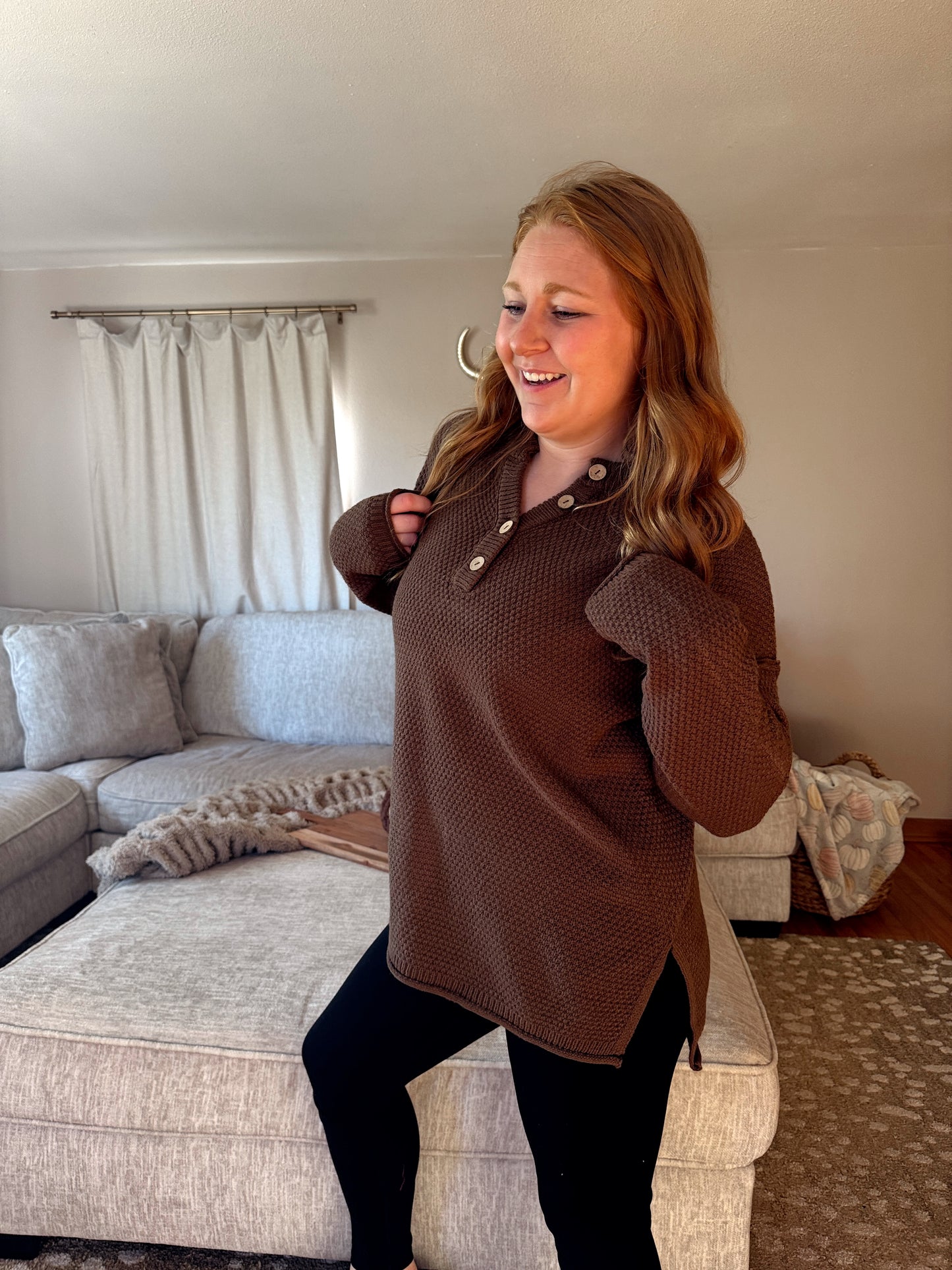 Henley Knit Sweater - Brown