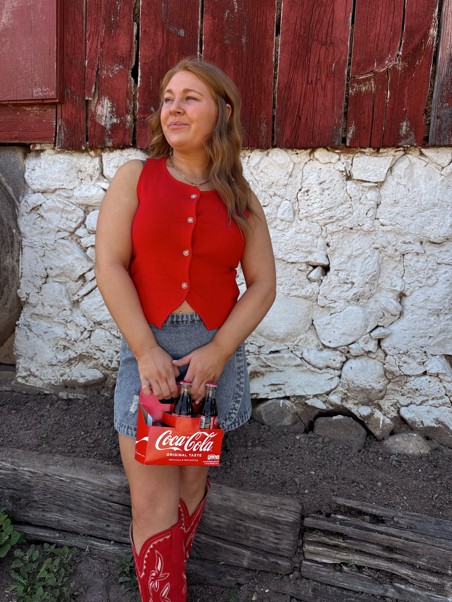 Firework Red Sleeveless Button Top