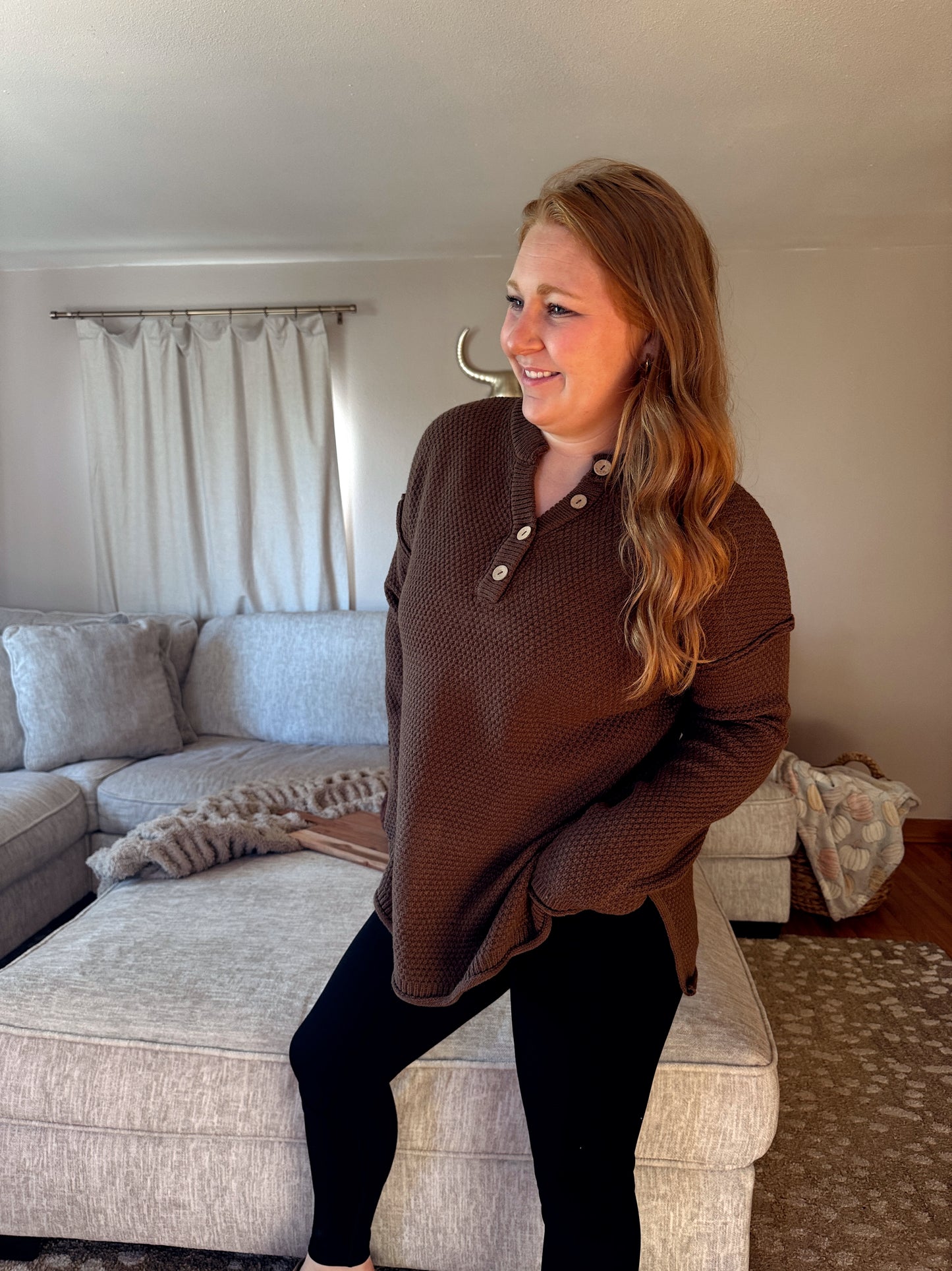 Henley Knit Sweater - Brown