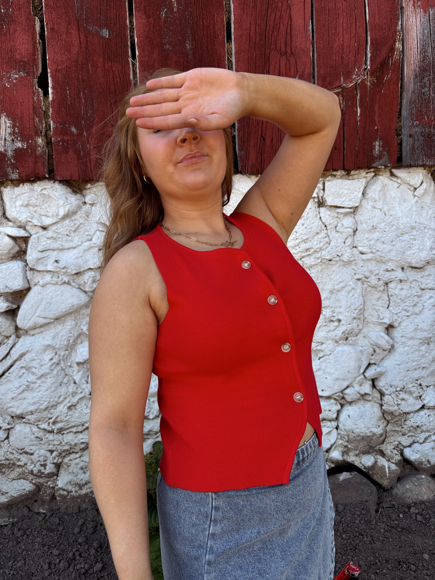 Firework Red Sleeveless Button Top