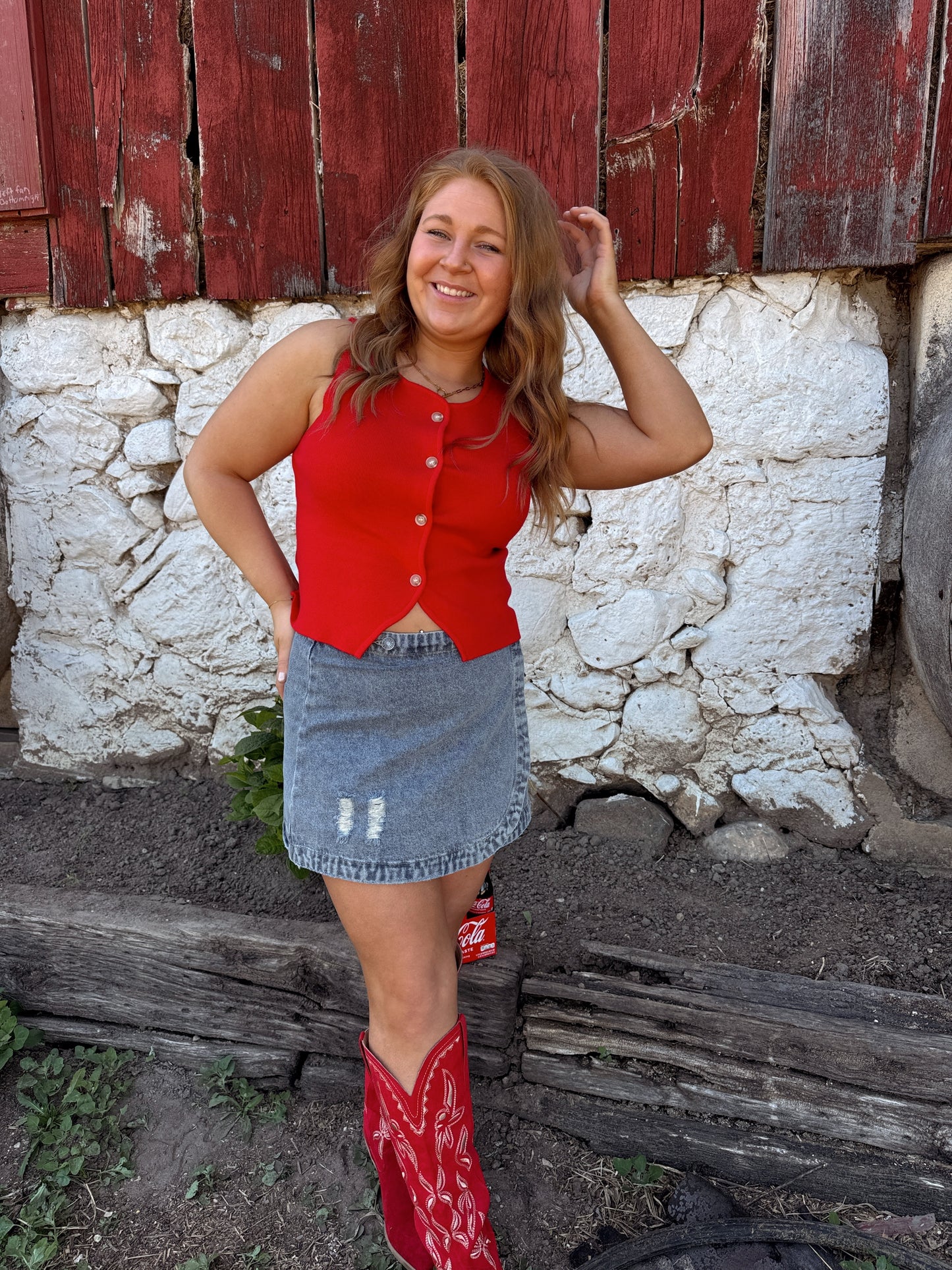 Firework Red Sleeveless Button Top