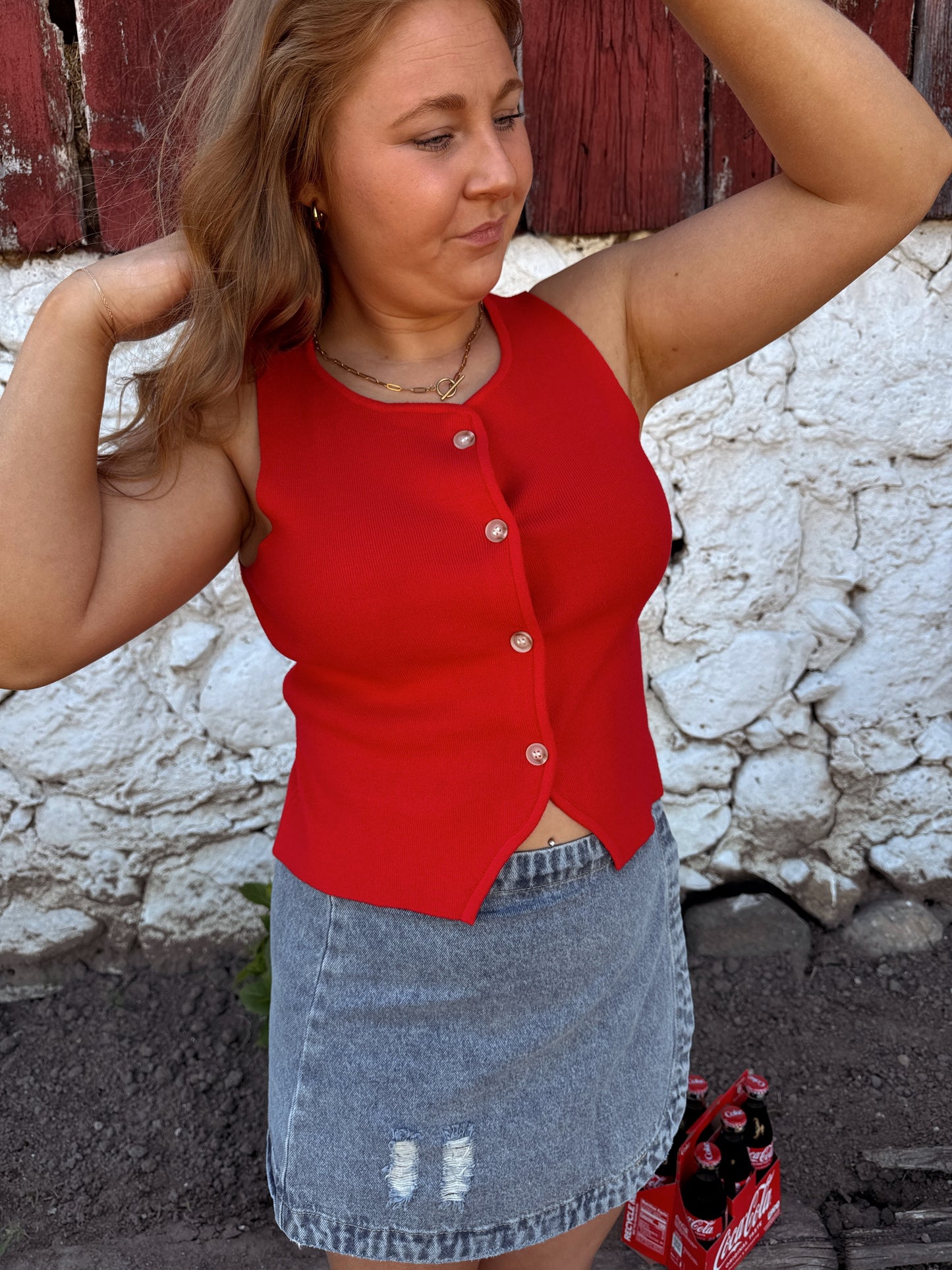 Firework Red Sleeveless Button Top