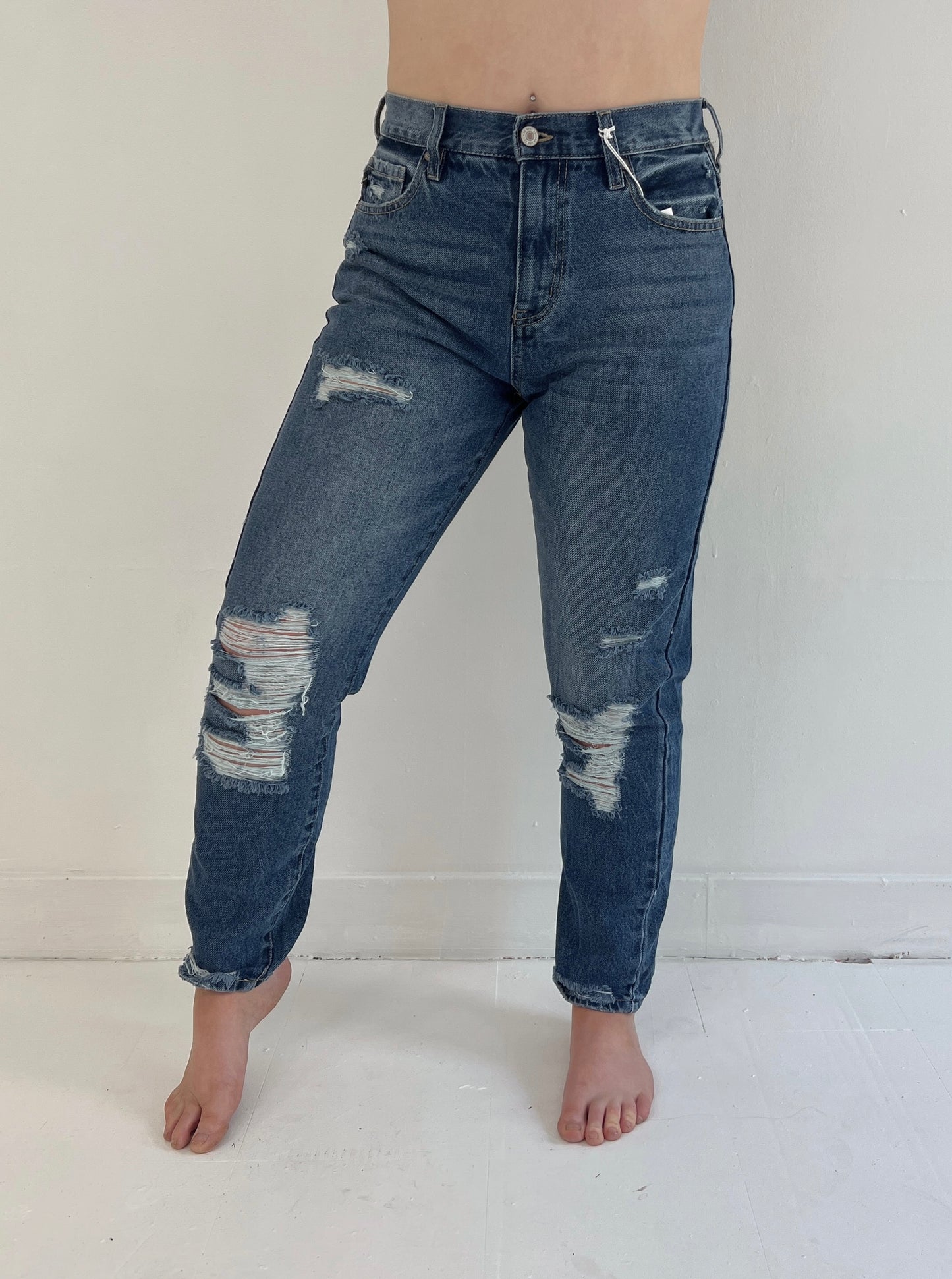 High Rise Distressed Mom Jean