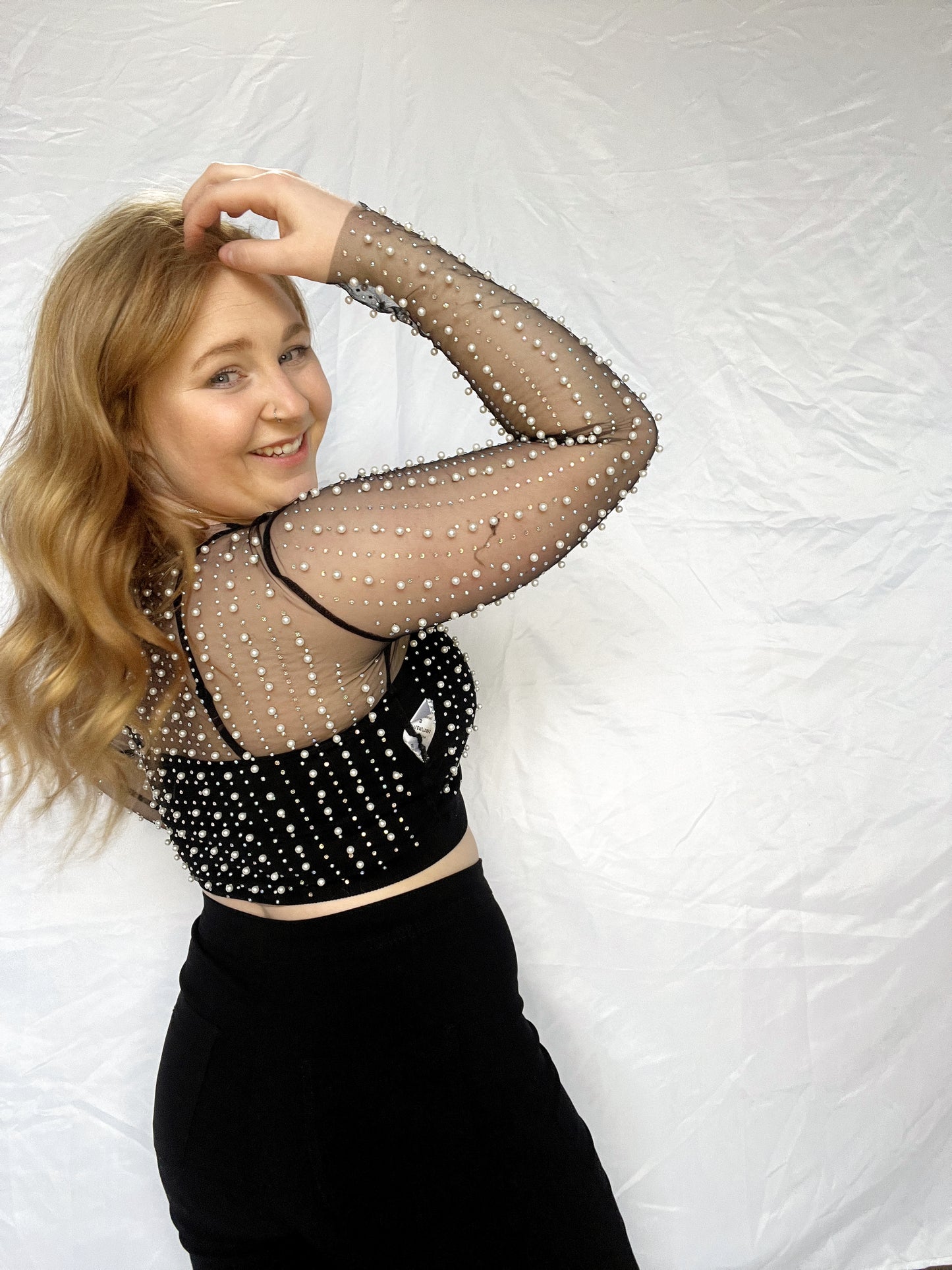 Pearl and Rhinestone Mesh Top