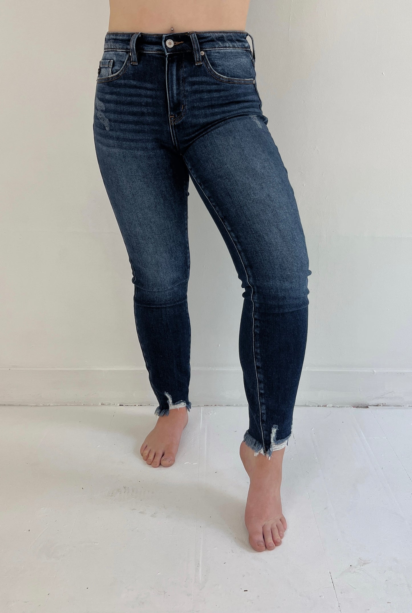 High Rise Raw Hem Ankle Skinny