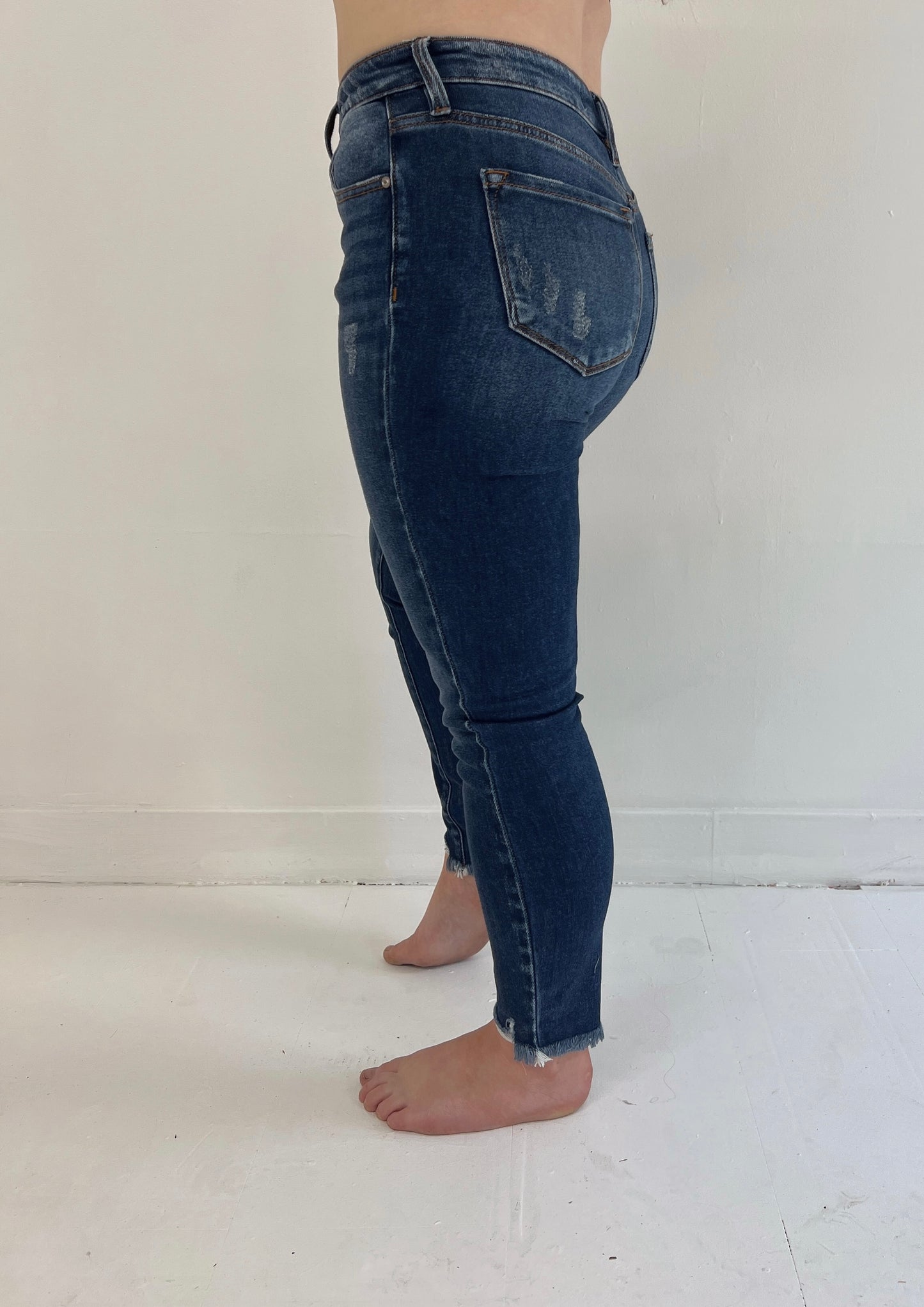 High Rise Raw Hem Ankle Skinny