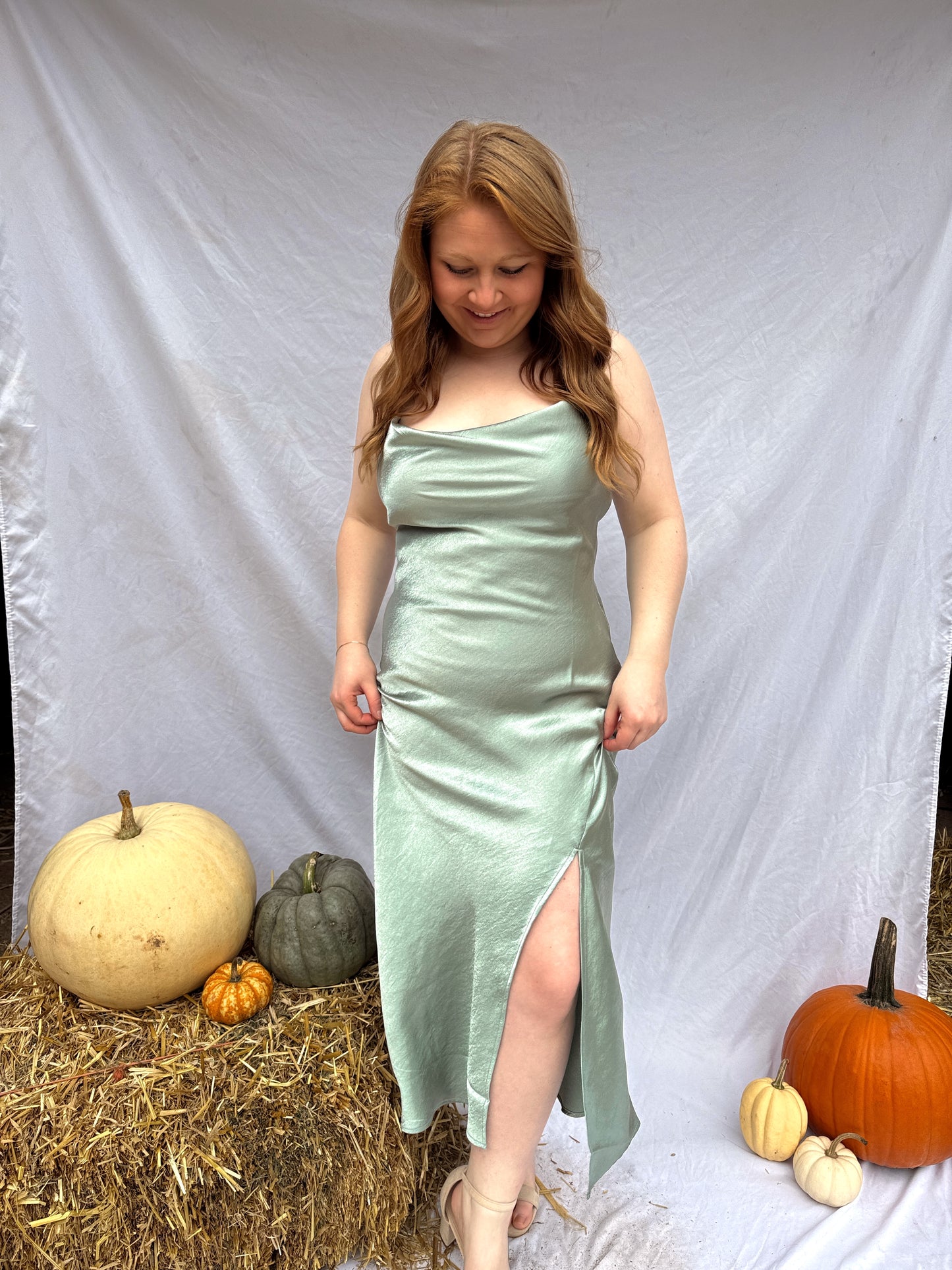 Be The Guest Satin Dress - Sage