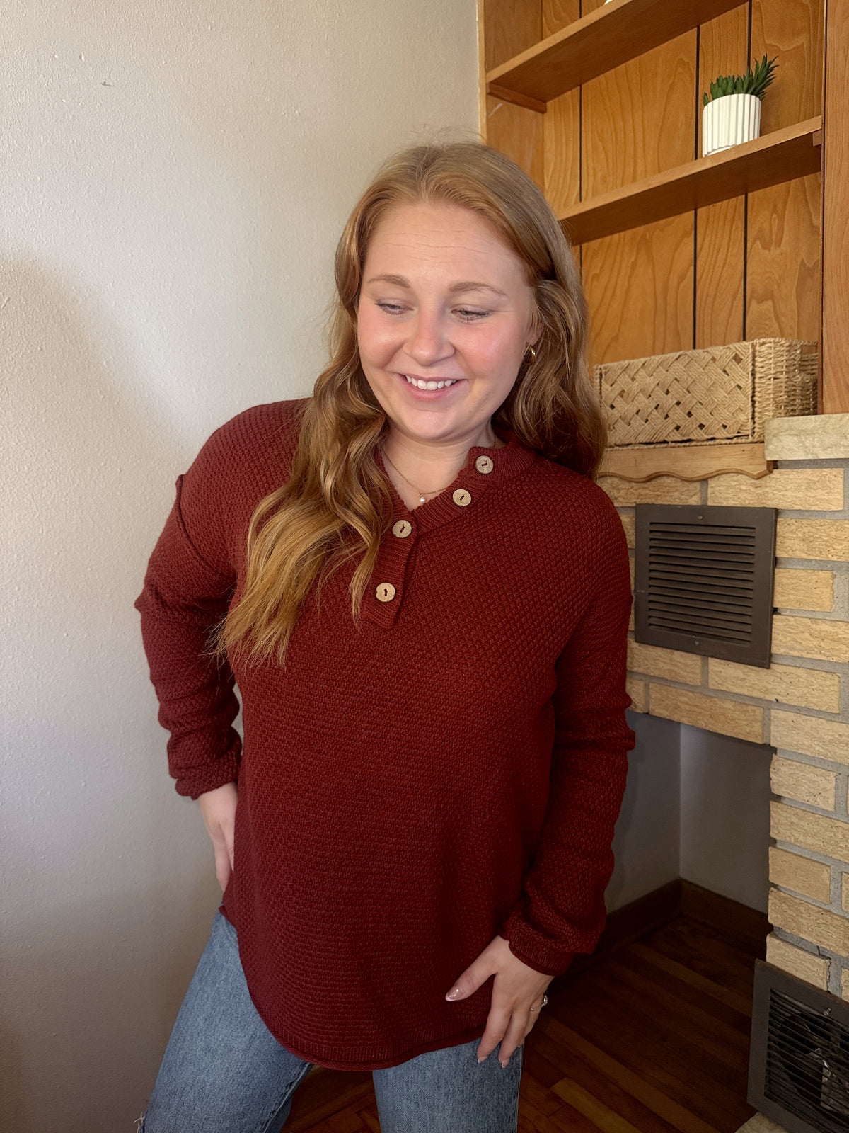 Henley Knit Sweater - DK Rust