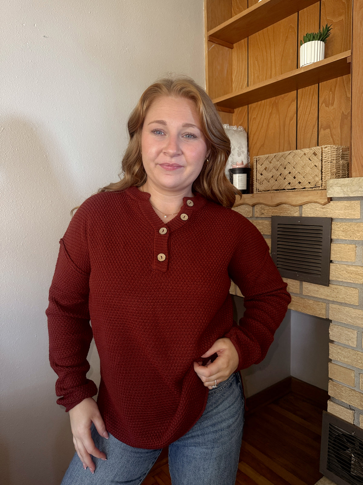 Henley Knit Sweater - DK Rust