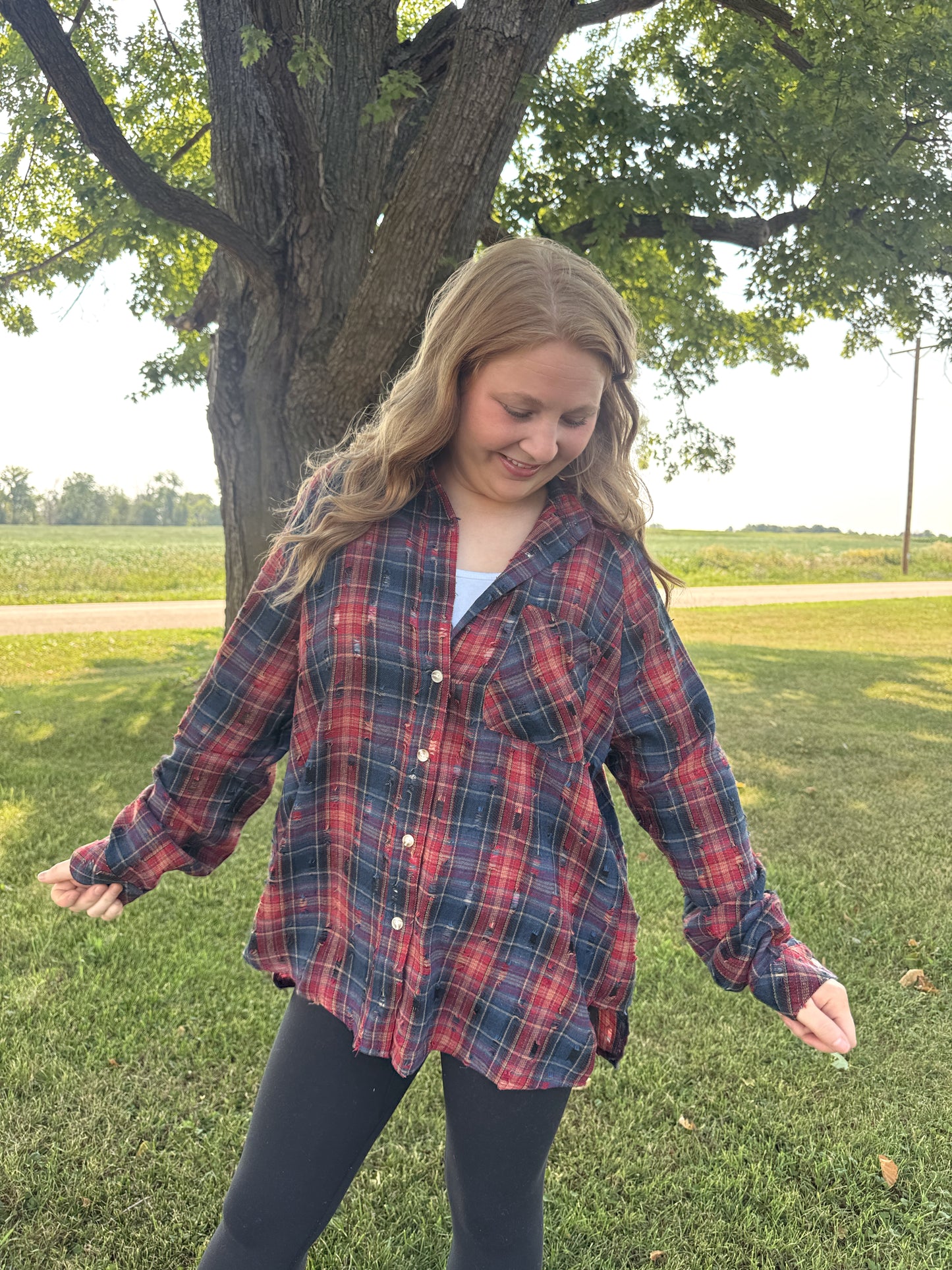 Distressed Plaid Button Up