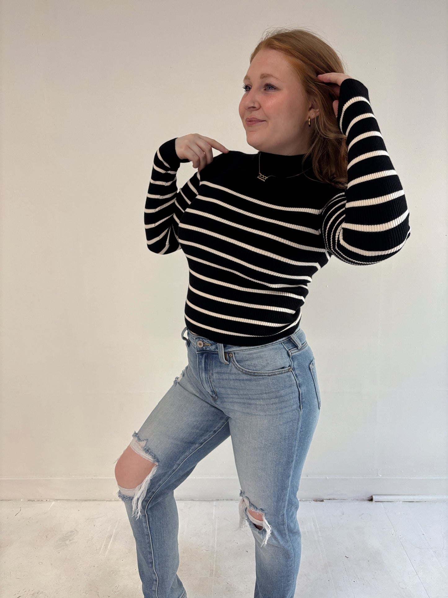 Mock neck Striped Sweater Top