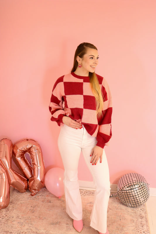 Hello Lover Pink Checkered Sweater