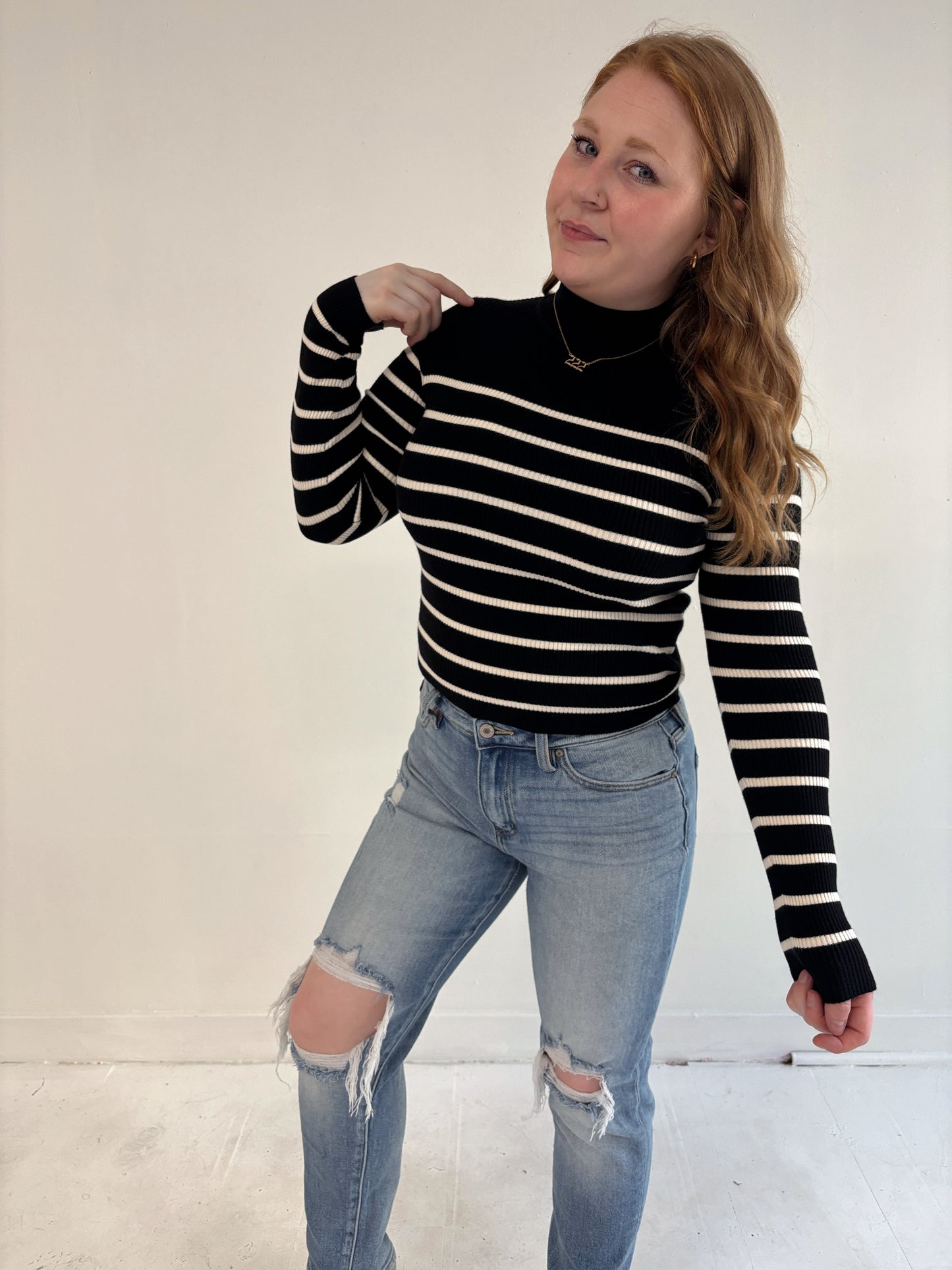 Mock neck Striped Sweater Top