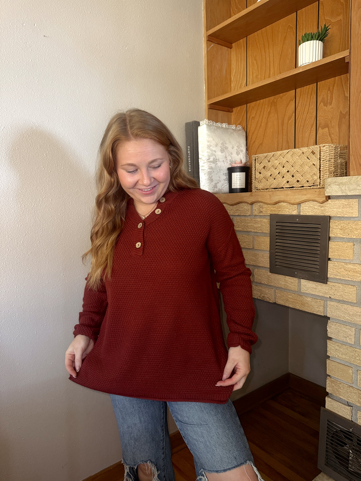 Henley Knit Sweater - DK Rust