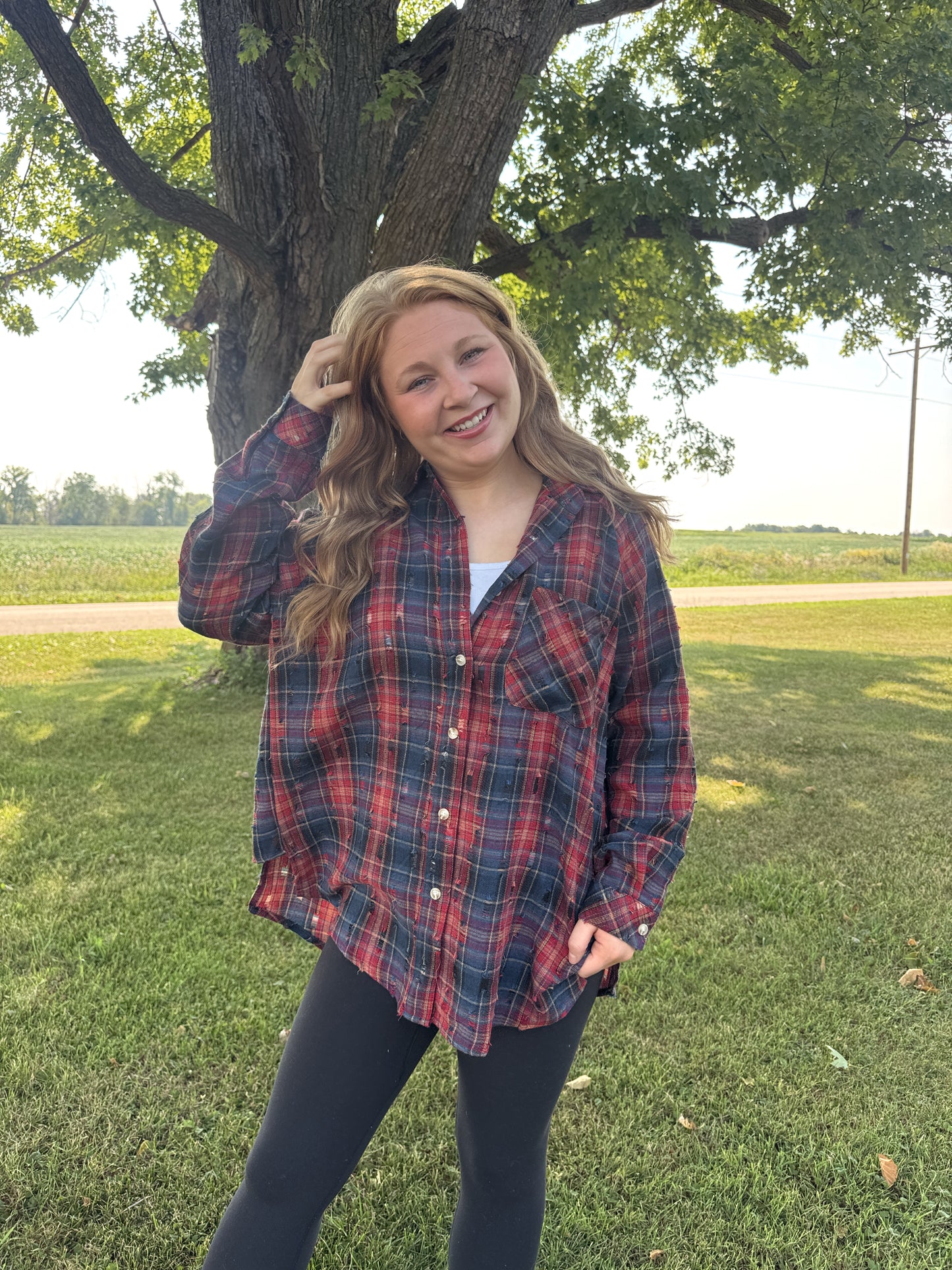 Distressed Plaid Button Up