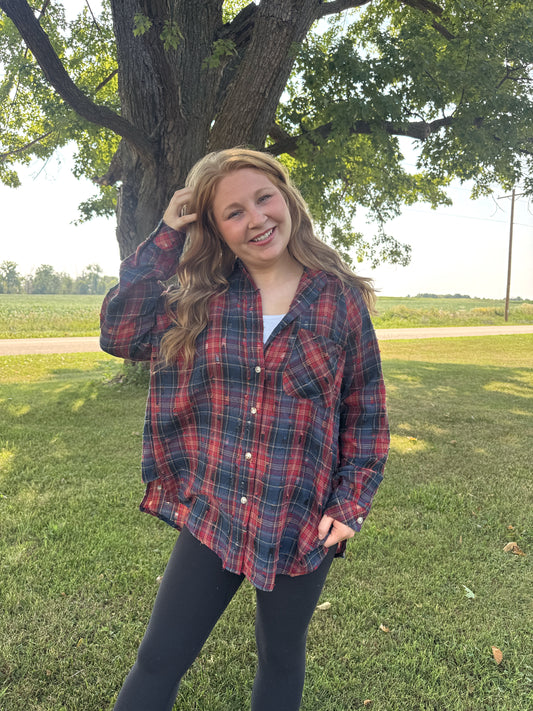 Distressed Plaid Button Up