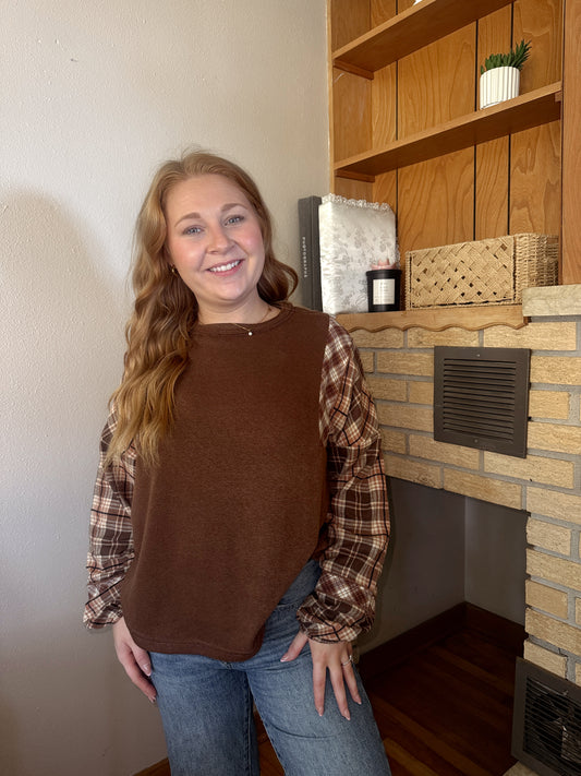 Contrast Plaid Sleeve Top