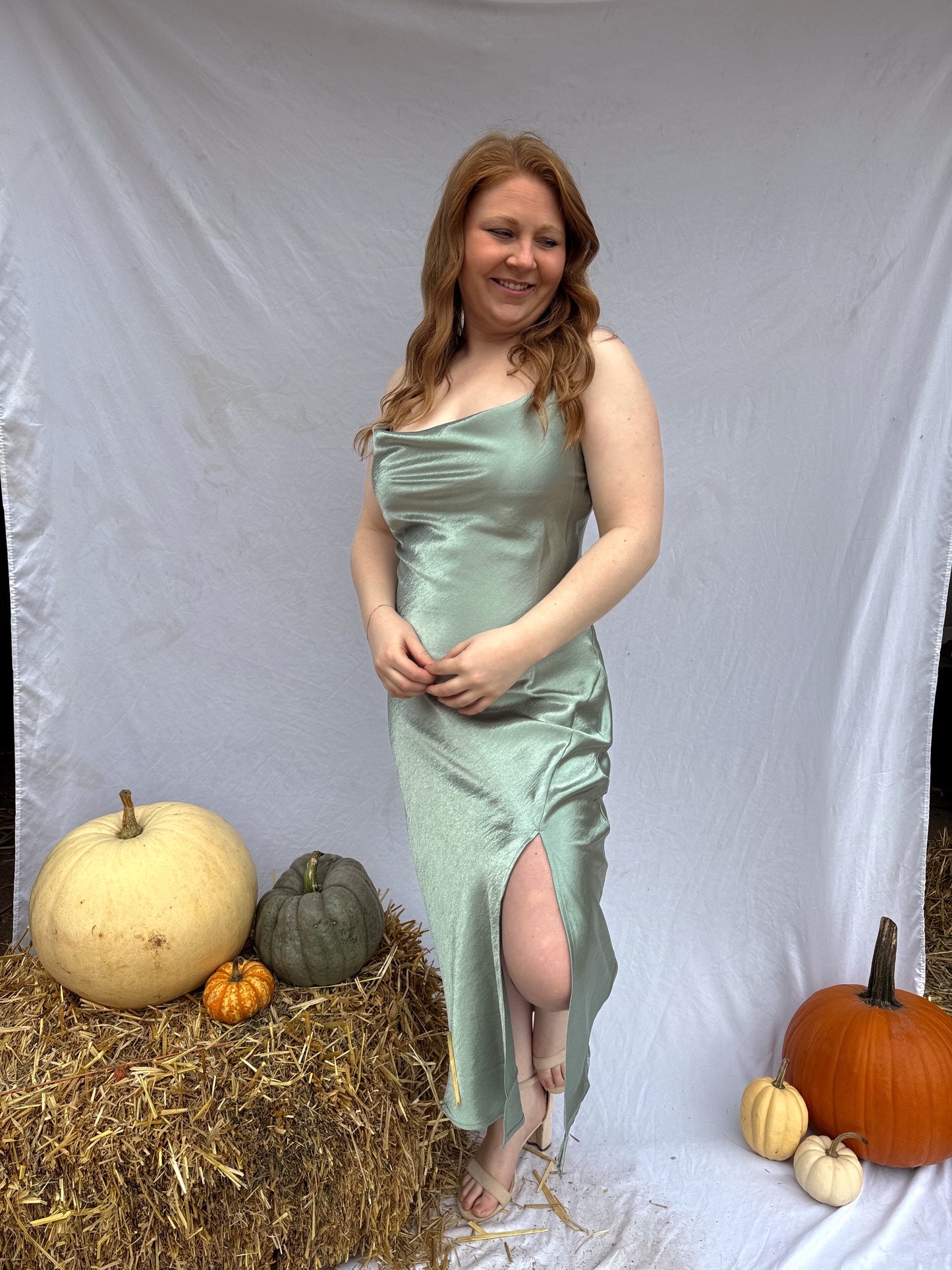 Be The Guest Satin Dress - Sage