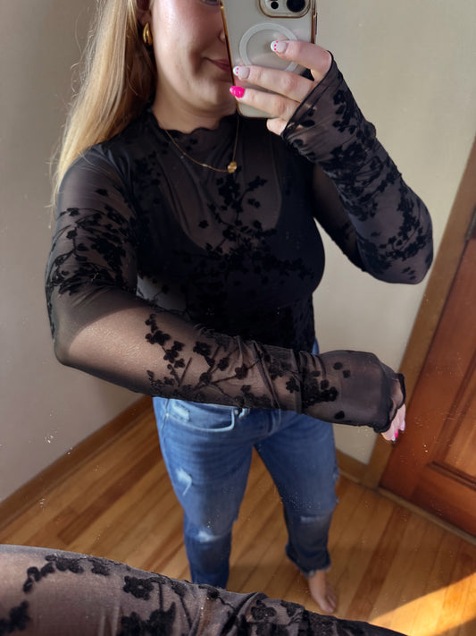 Black Floral Mesh Top