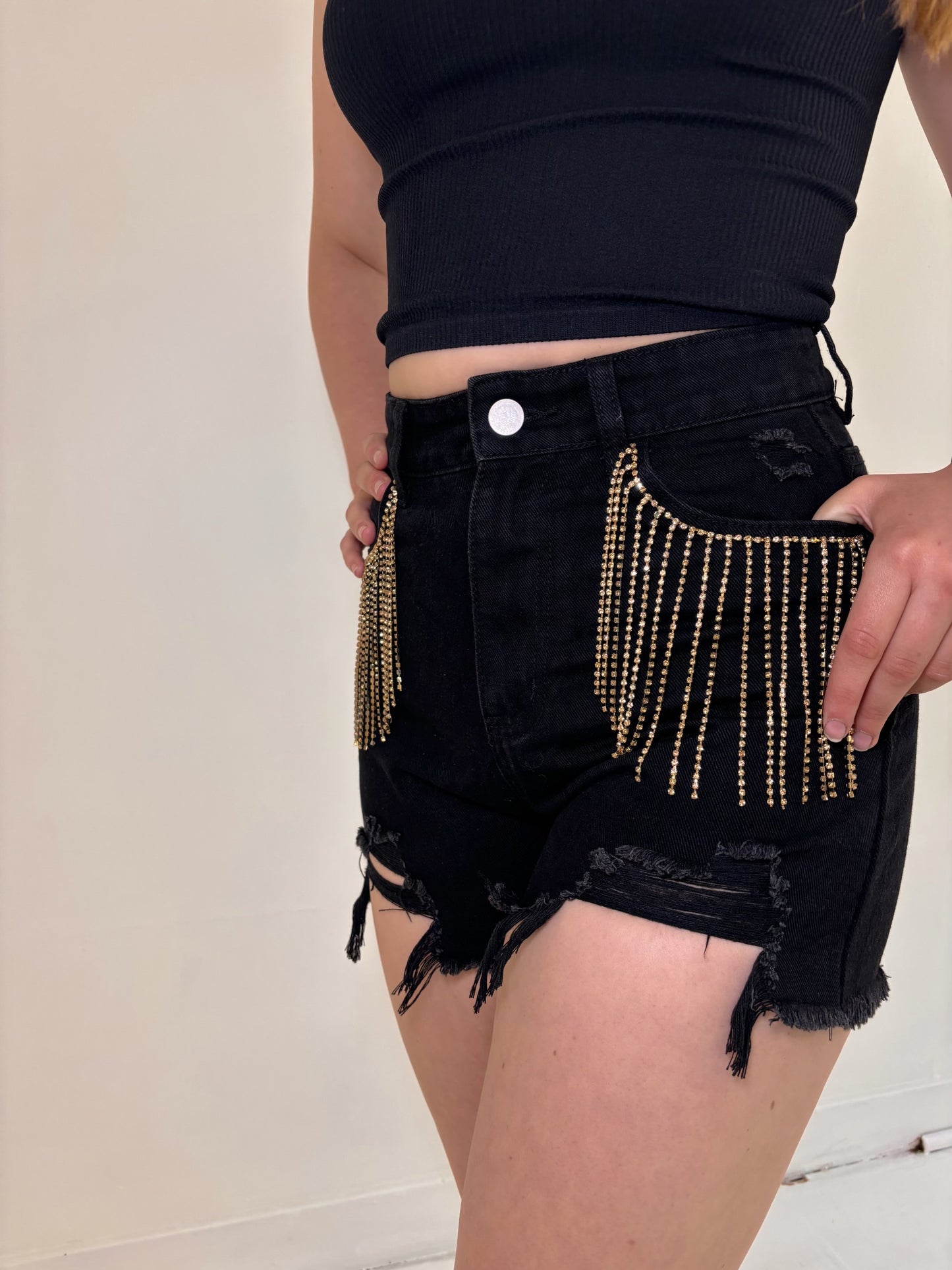 Distressed Frayed Gold Detail Shorts