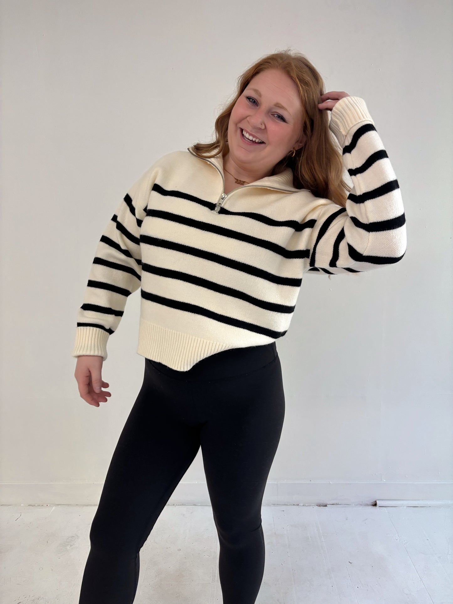 Cream & Black Stripped Half Zip