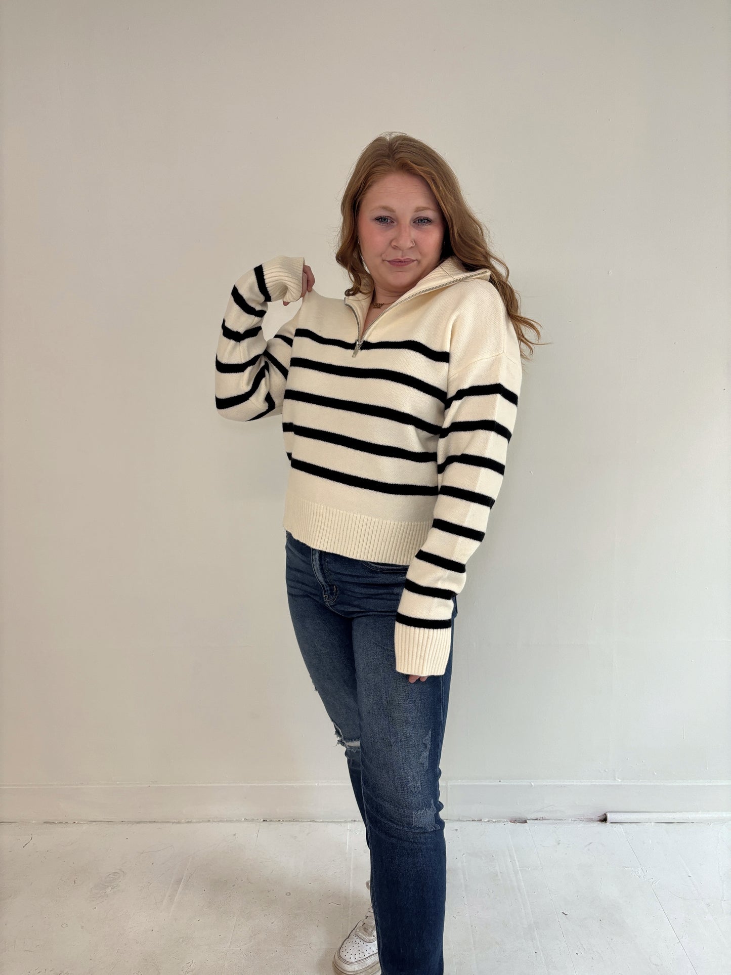 Cream & Black Stripped Half Zip