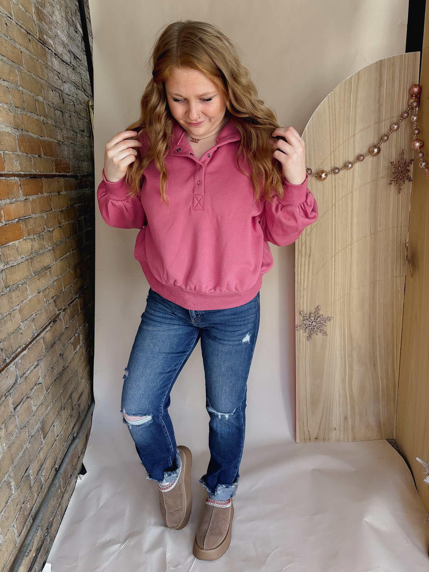 Oversized Balloon Sleeve Henley Button Top - Rose