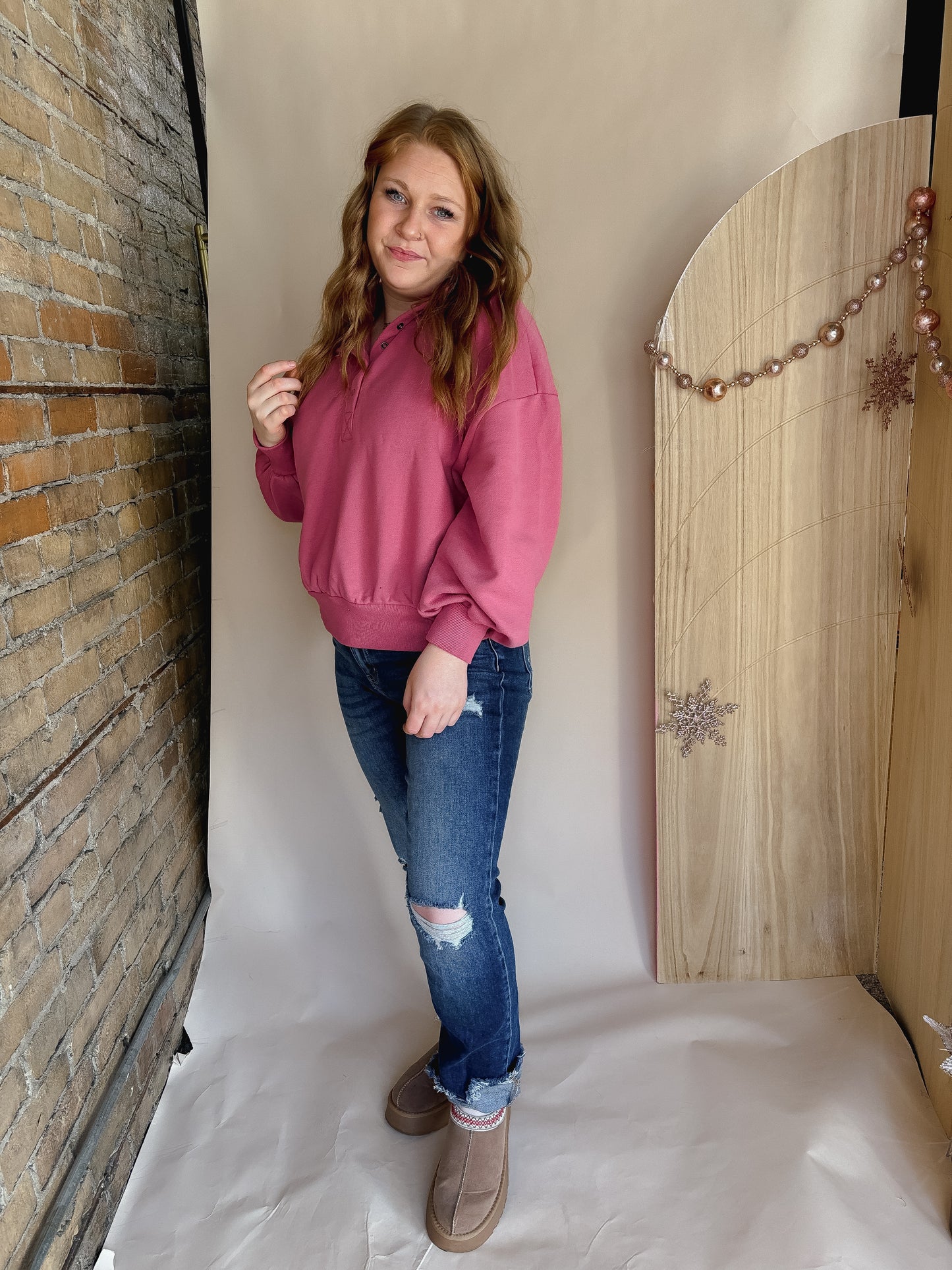 Oversized Balloon Sleeve Henley Button Top - Rose
