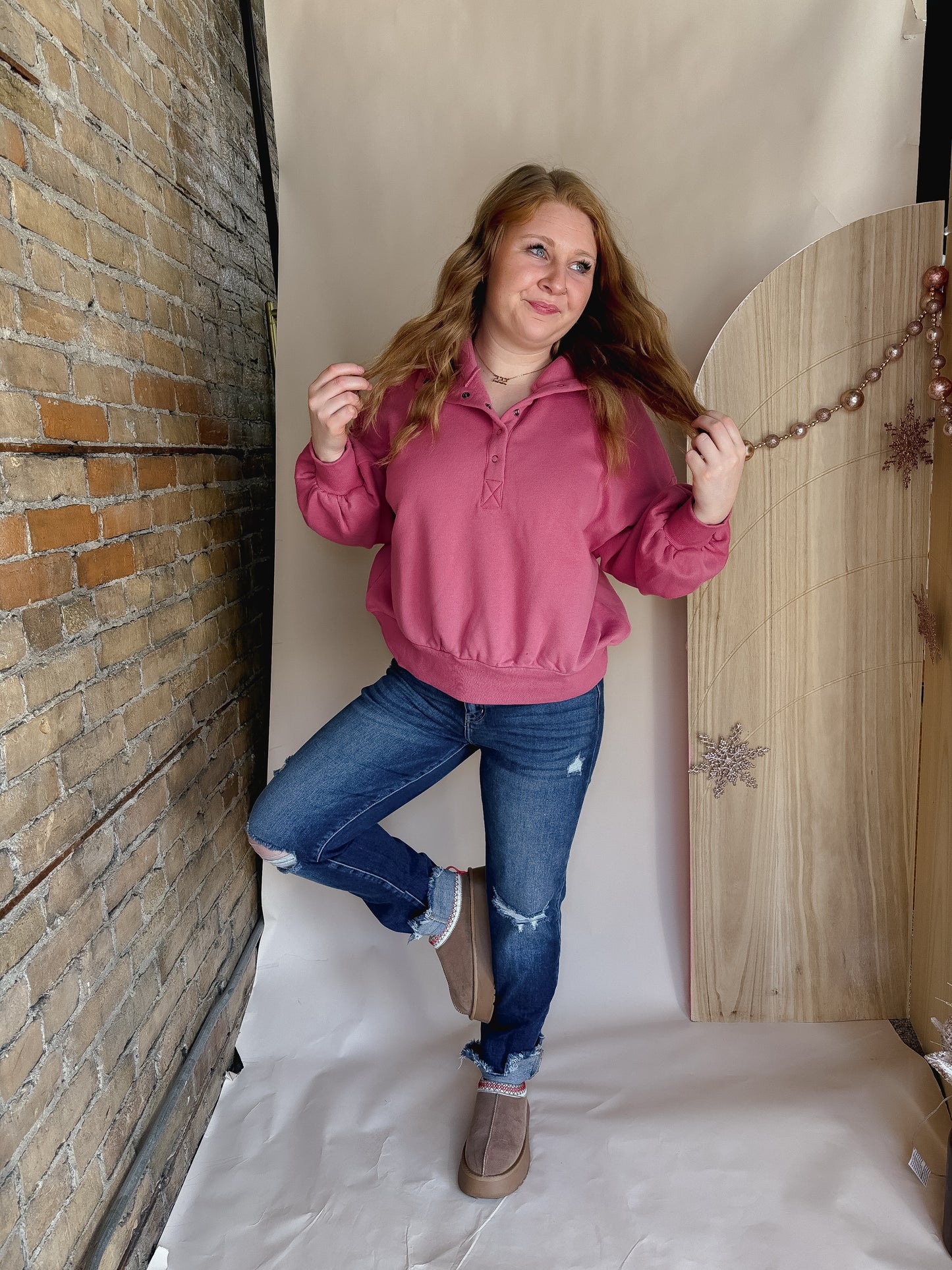 Oversized Balloon Sleeve Henley Button Top - Rose