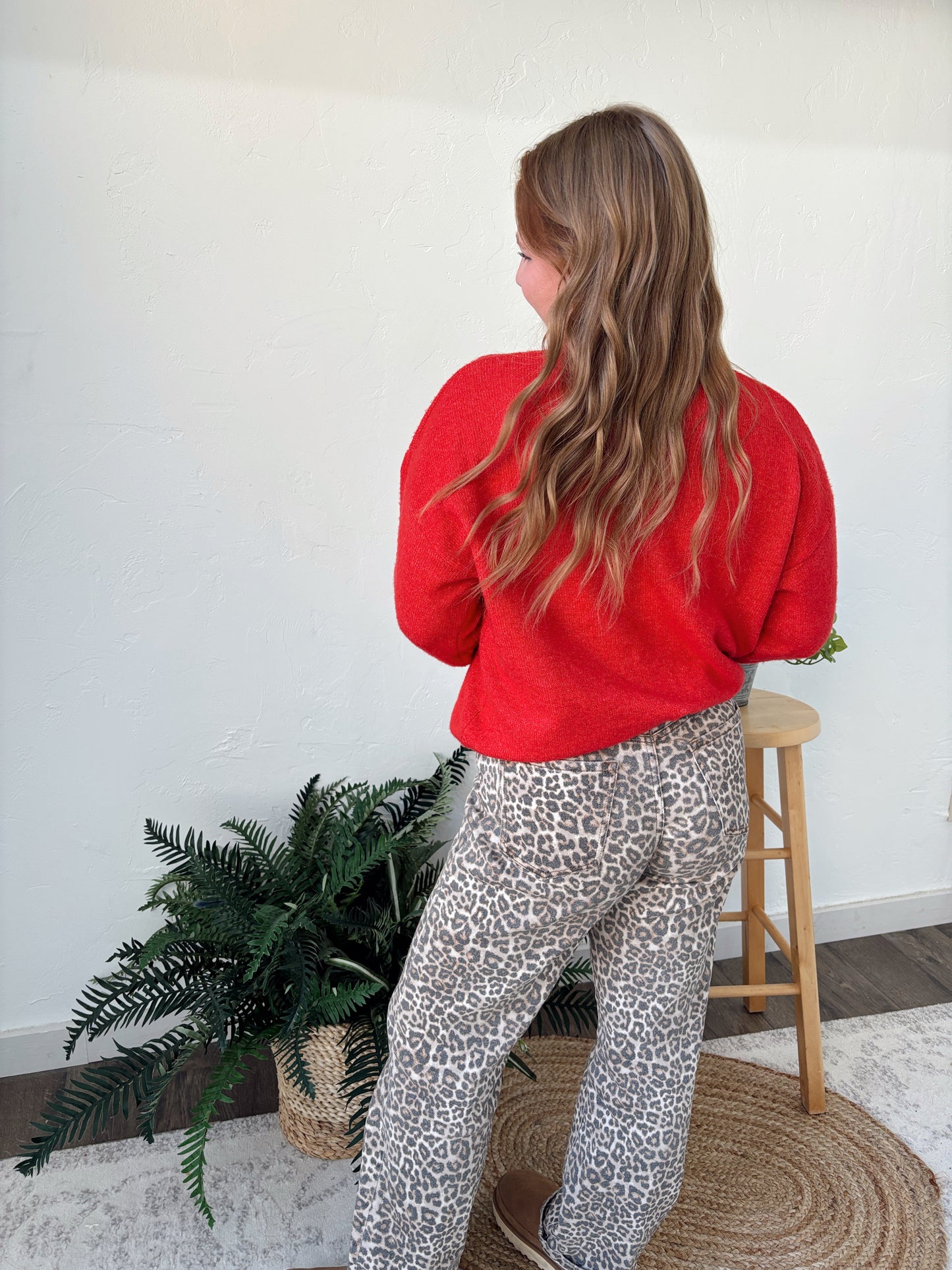 Crew Neck Sweater Cardigan - Red