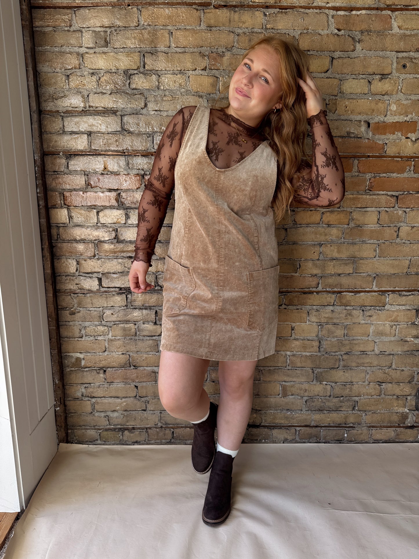 Corduroy Front Pocket Dress - Taupe