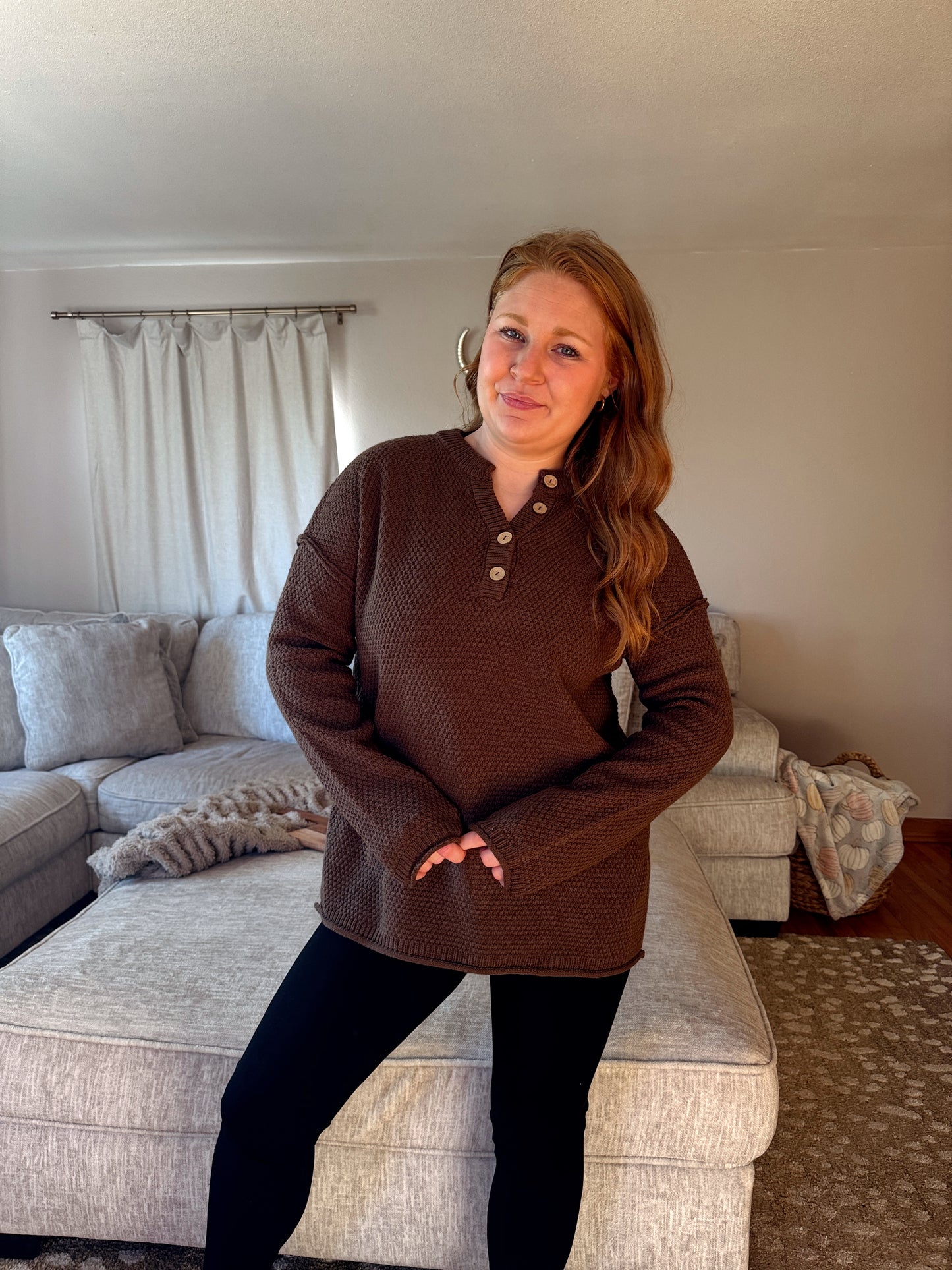 Henley Knit Sweater - Brown