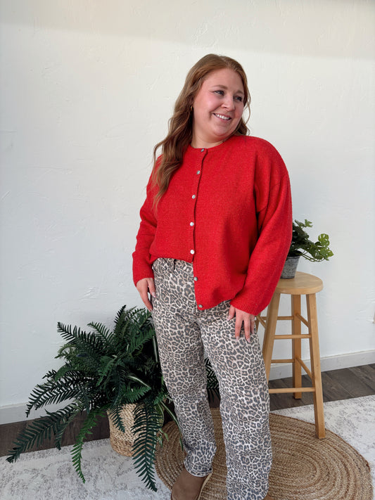 Crew Neck Sweater Cardigan - Red