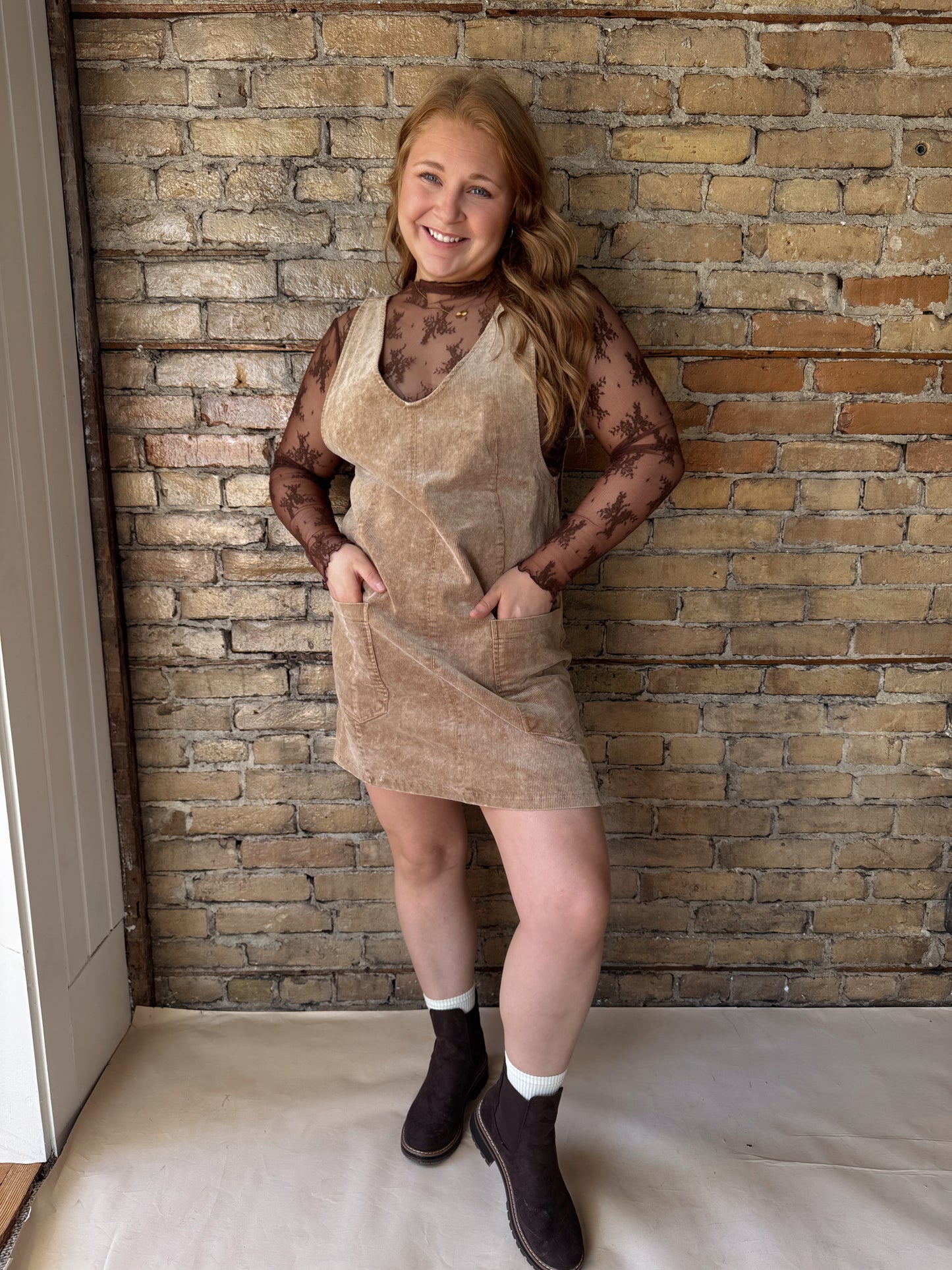 Corduroy Front Pocket Dress - Taupe