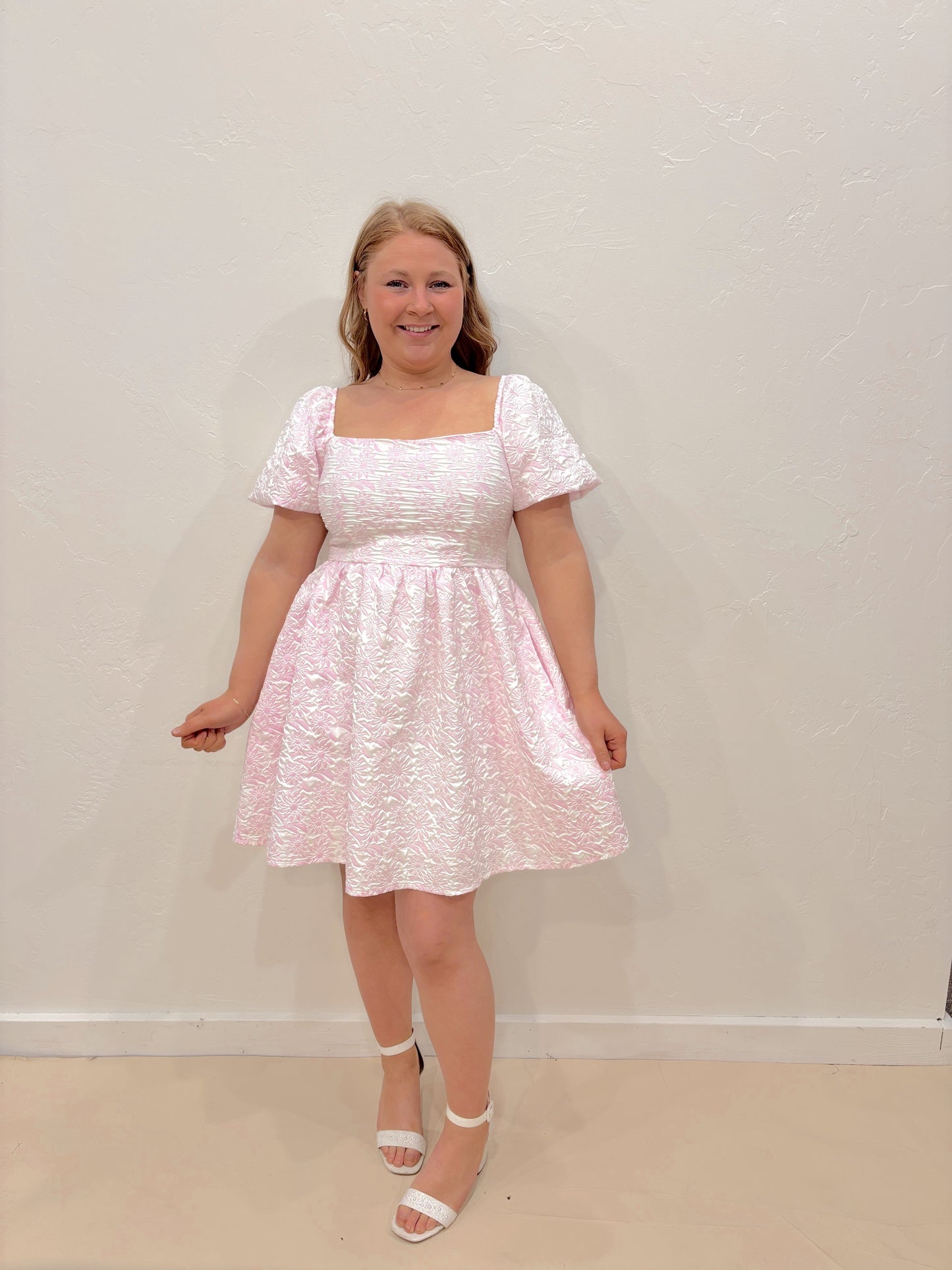 Spring Flower Square Neck Dress - Pink