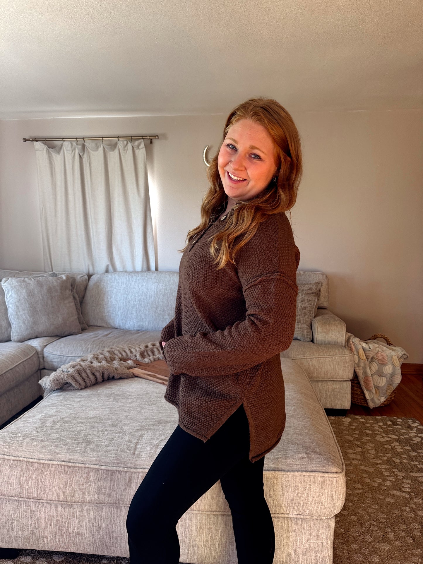 Henley Knit Sweater - Brown