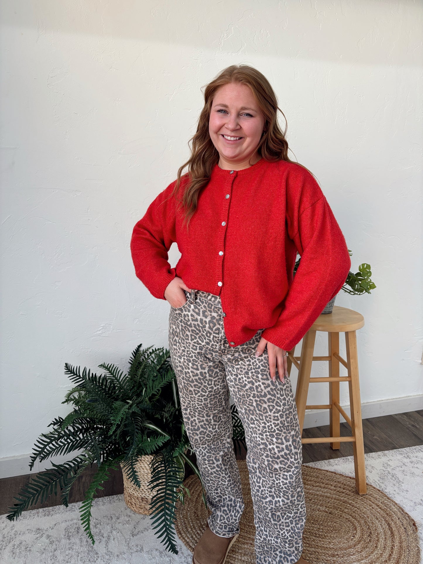 Crew Neck Sweater Cardigan - Red