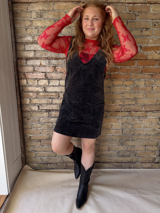 Corduroy Front Pocket Dress- Black